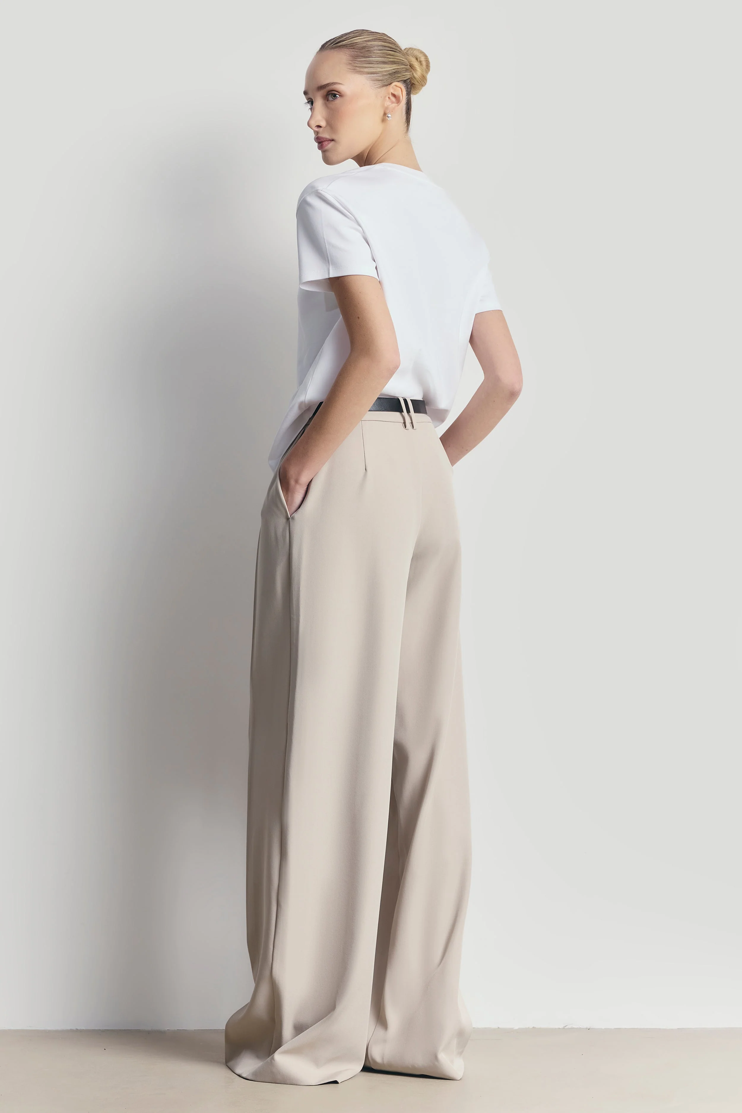 Box Pleat Tailored Wide Leg Trousers - Stone - Image 6