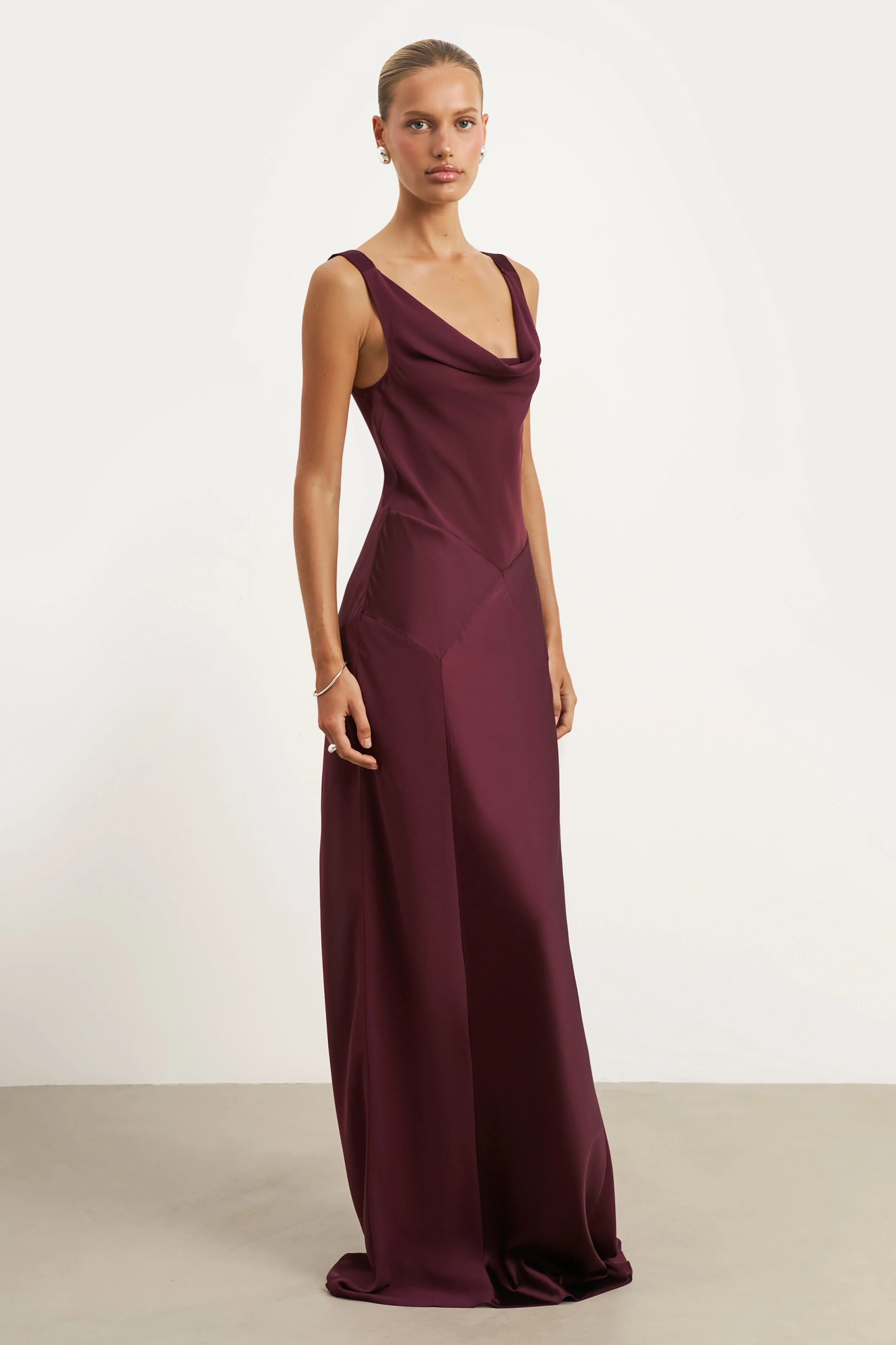 Cowl Neck Satin Panel Gown - Mulberry - Image 4