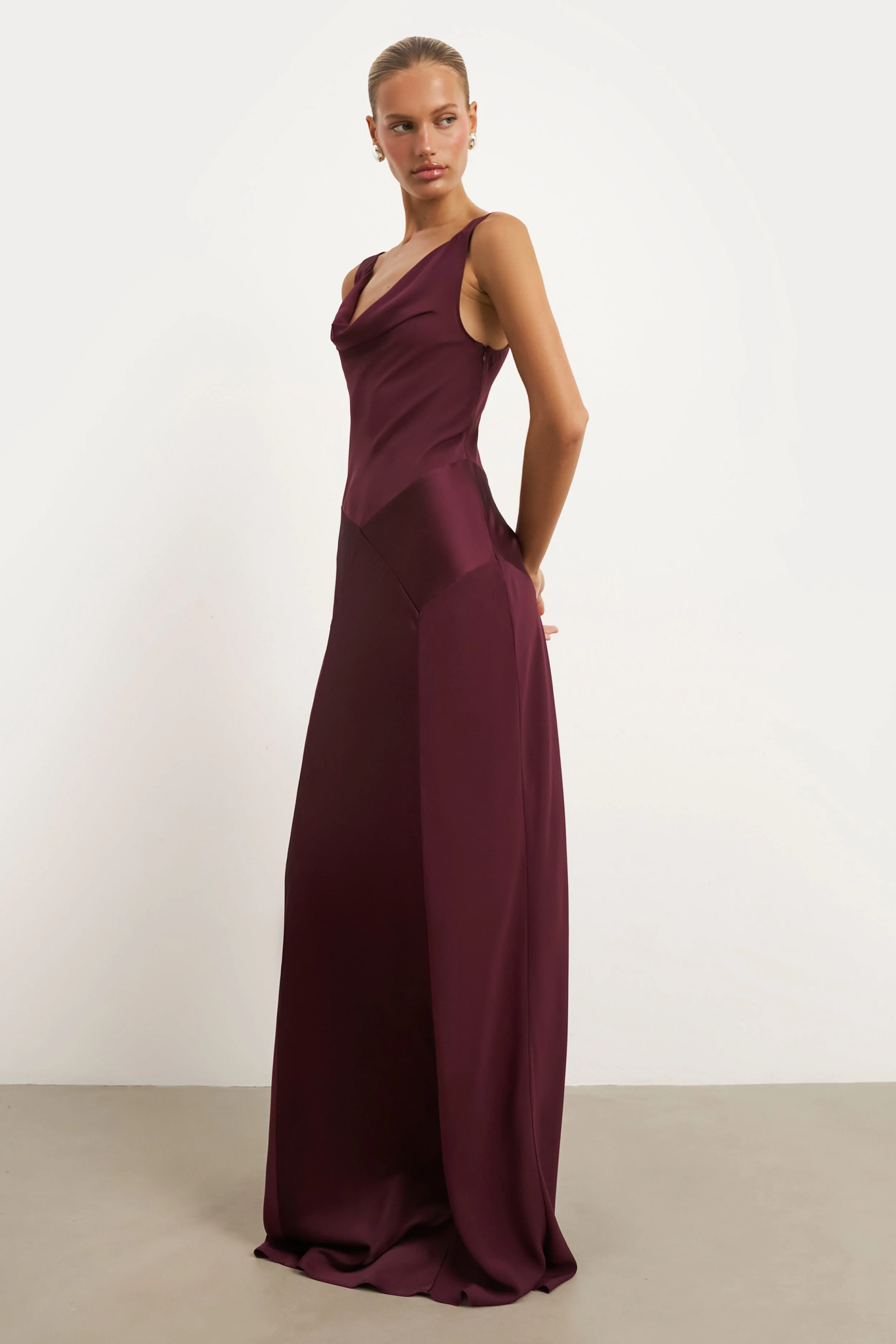 Cowl Neck Satin Panel Gown - Mulberry - Image 6
