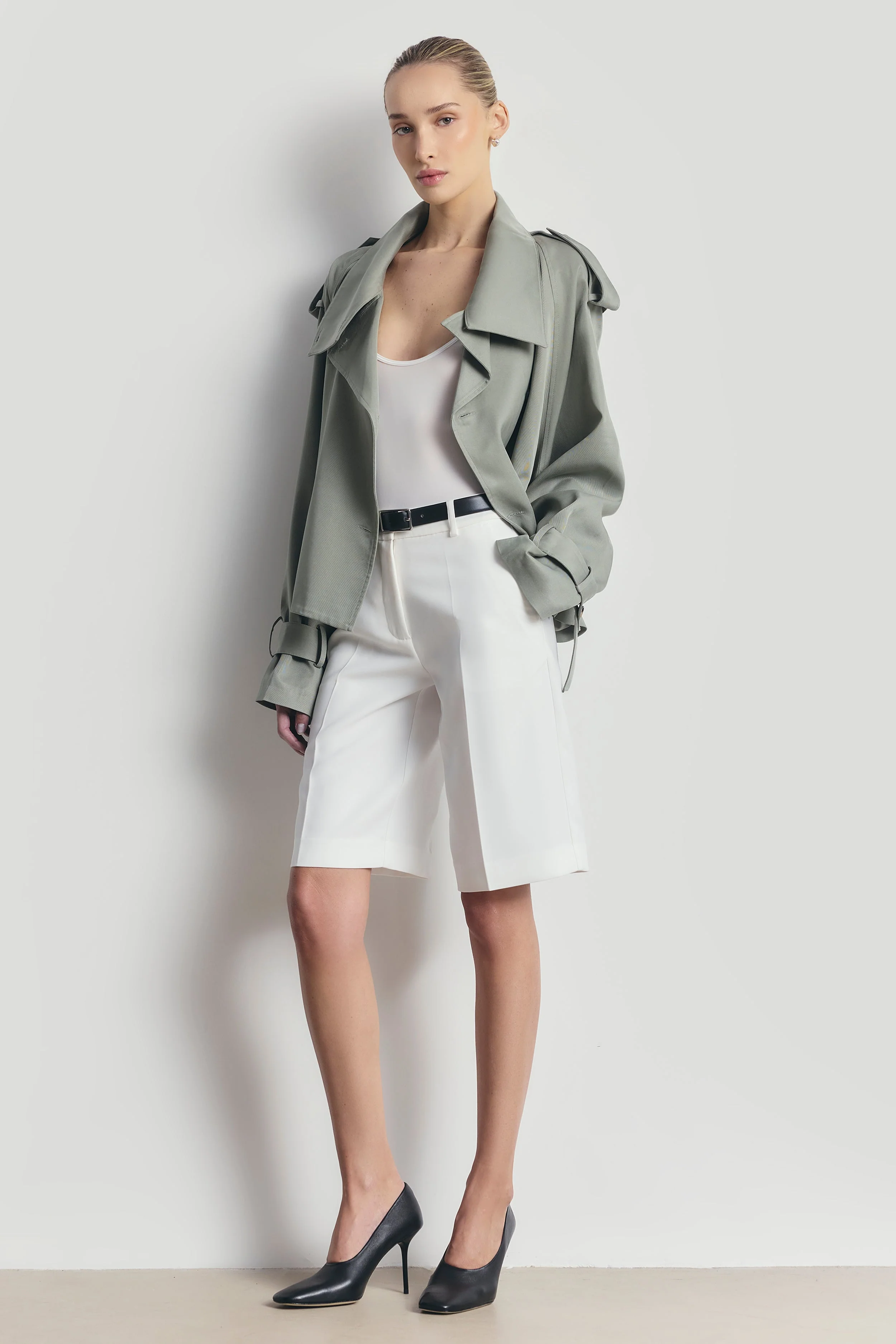 Cropped Funnel Neck Trench - Antique Sage - Image 3