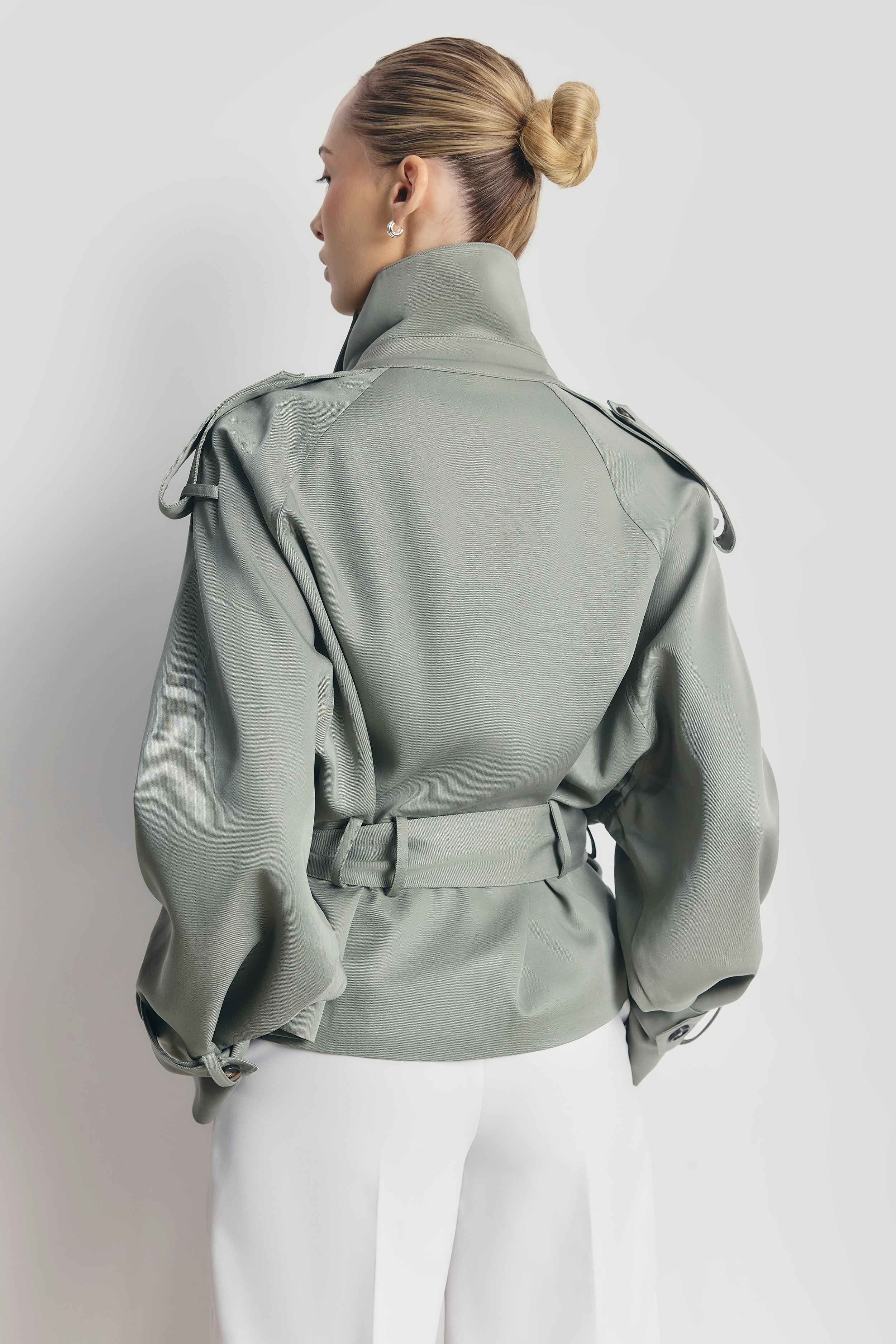 Cropped Funnel Neck Trench - Antique Sage - Image 4
