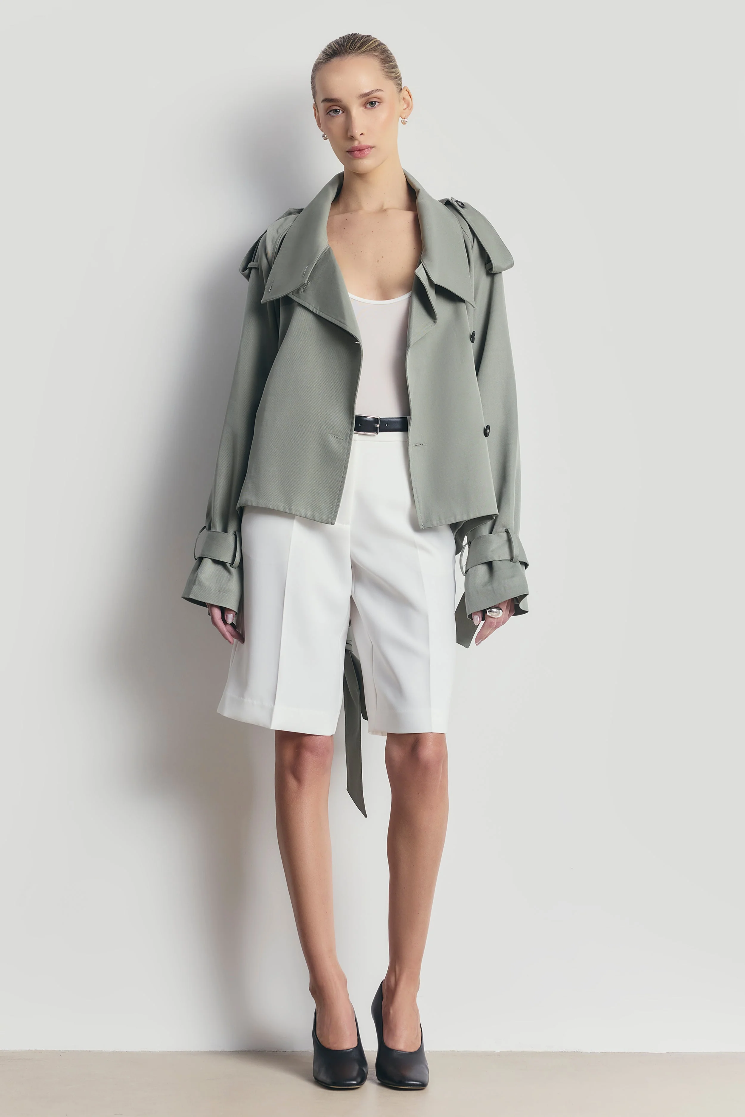 Cropped Funnel Neck Trench - Antique Sage - Image 5