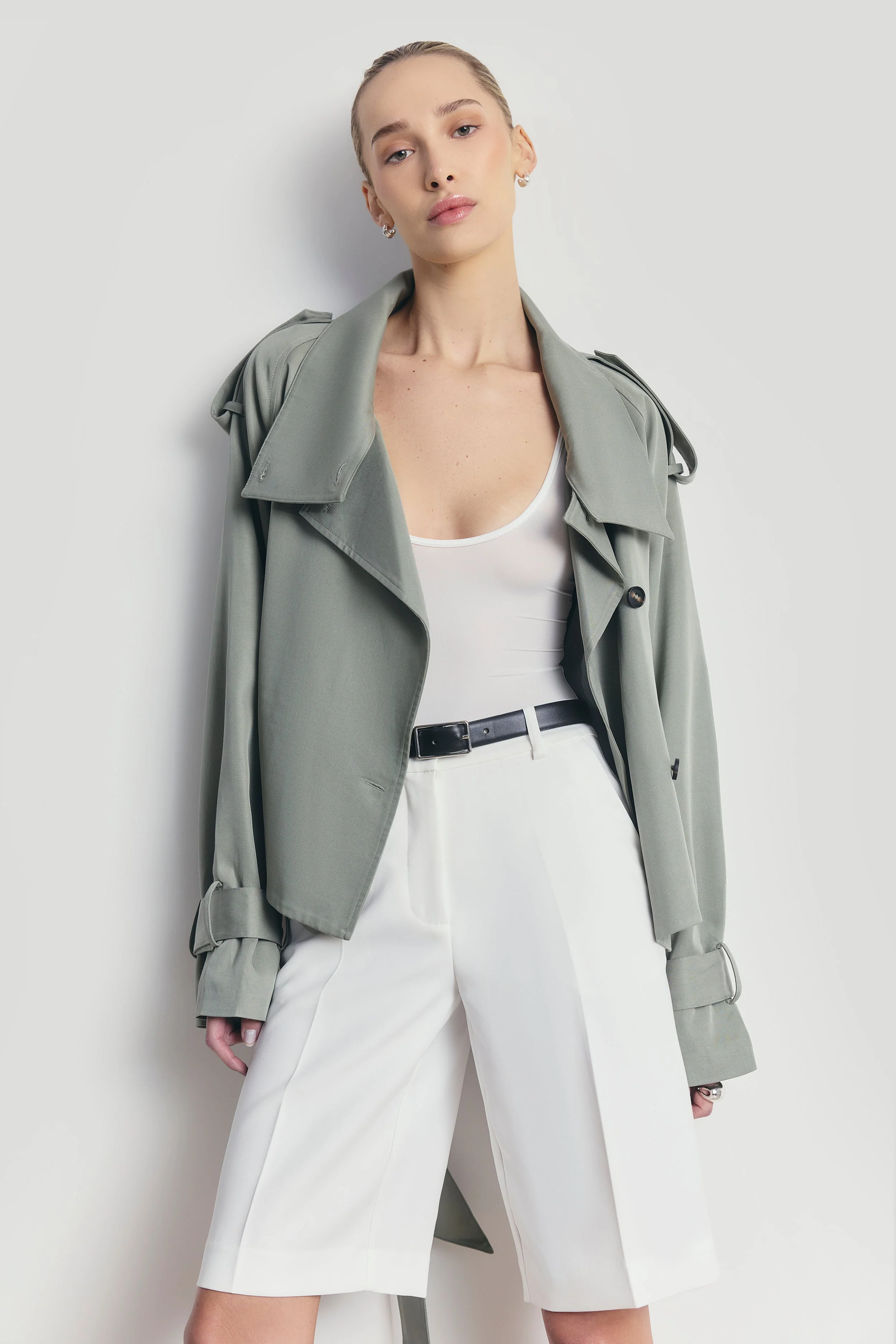 Cropped Funnel Neck Trench - Antique Sage - Image 6