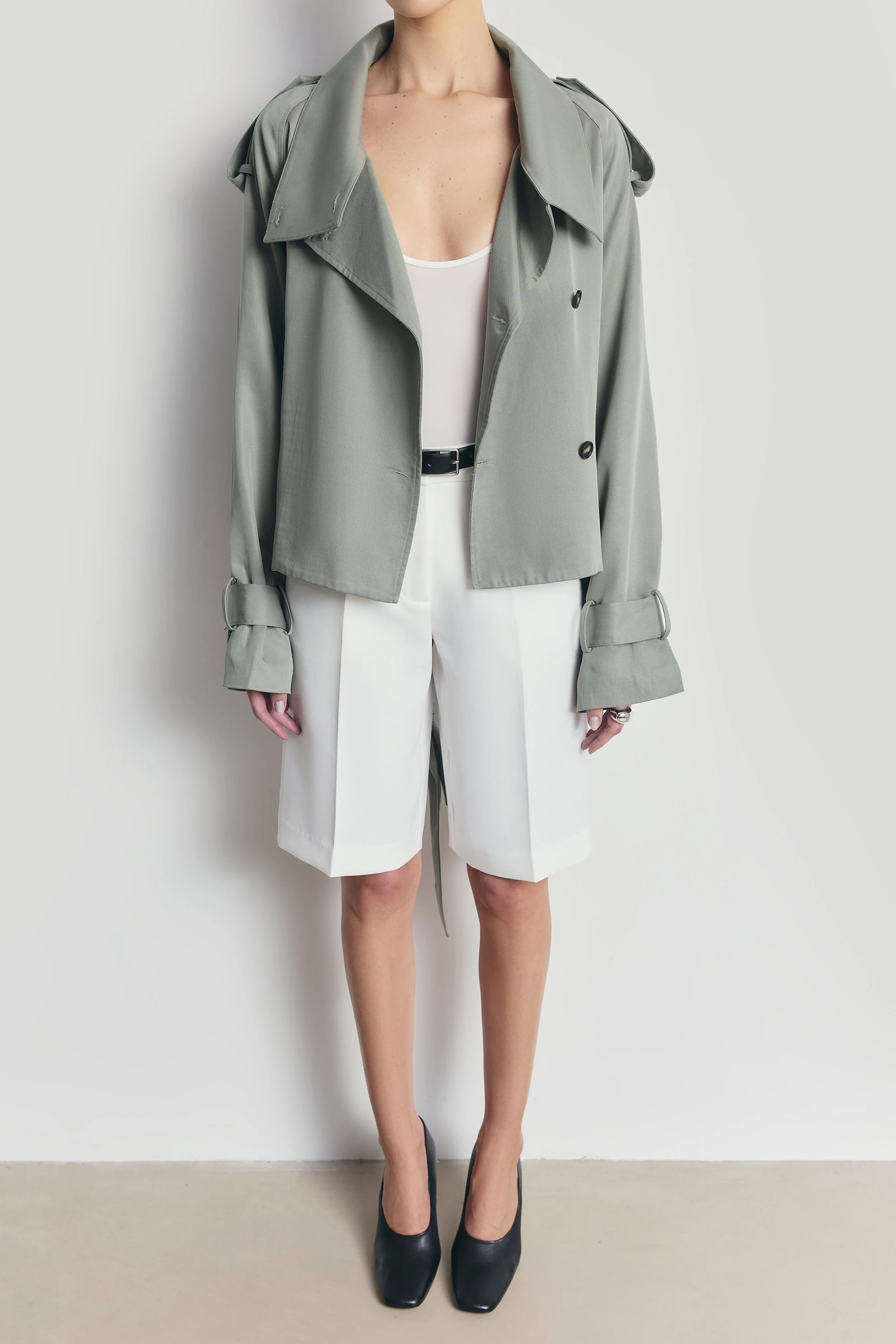 Cropped Funnel Neck Trench - Antique Sage - Image 7
