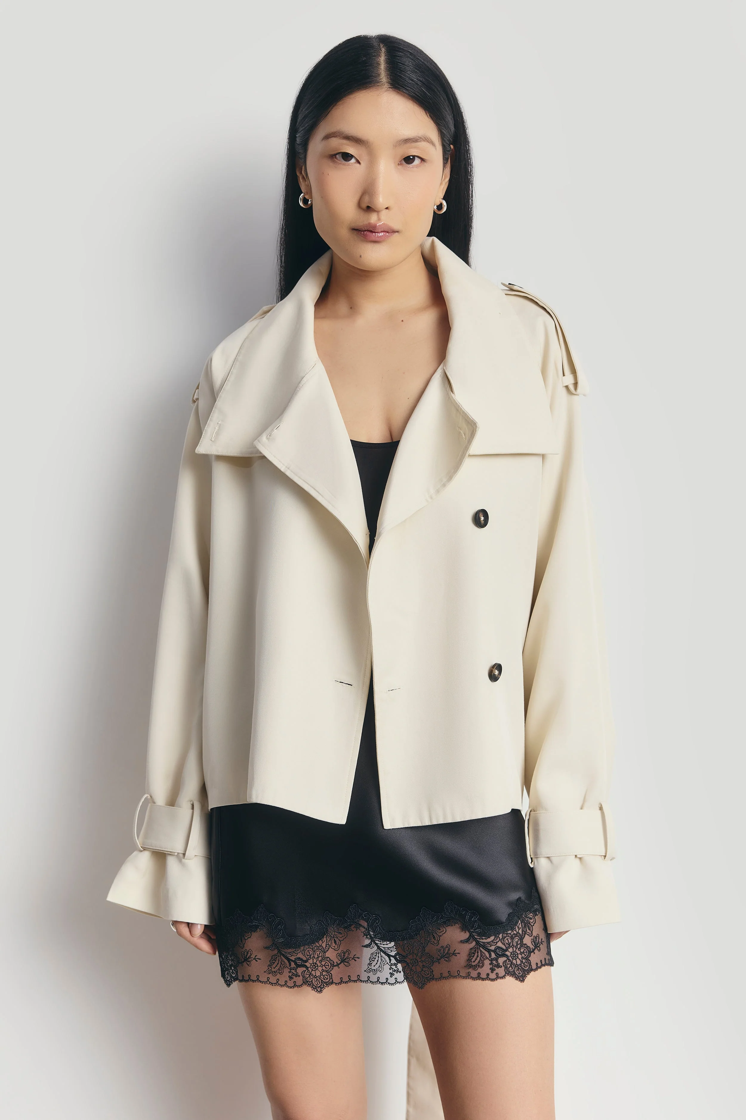 Cropped Funnel Neck Trench - Ecru - Image 4