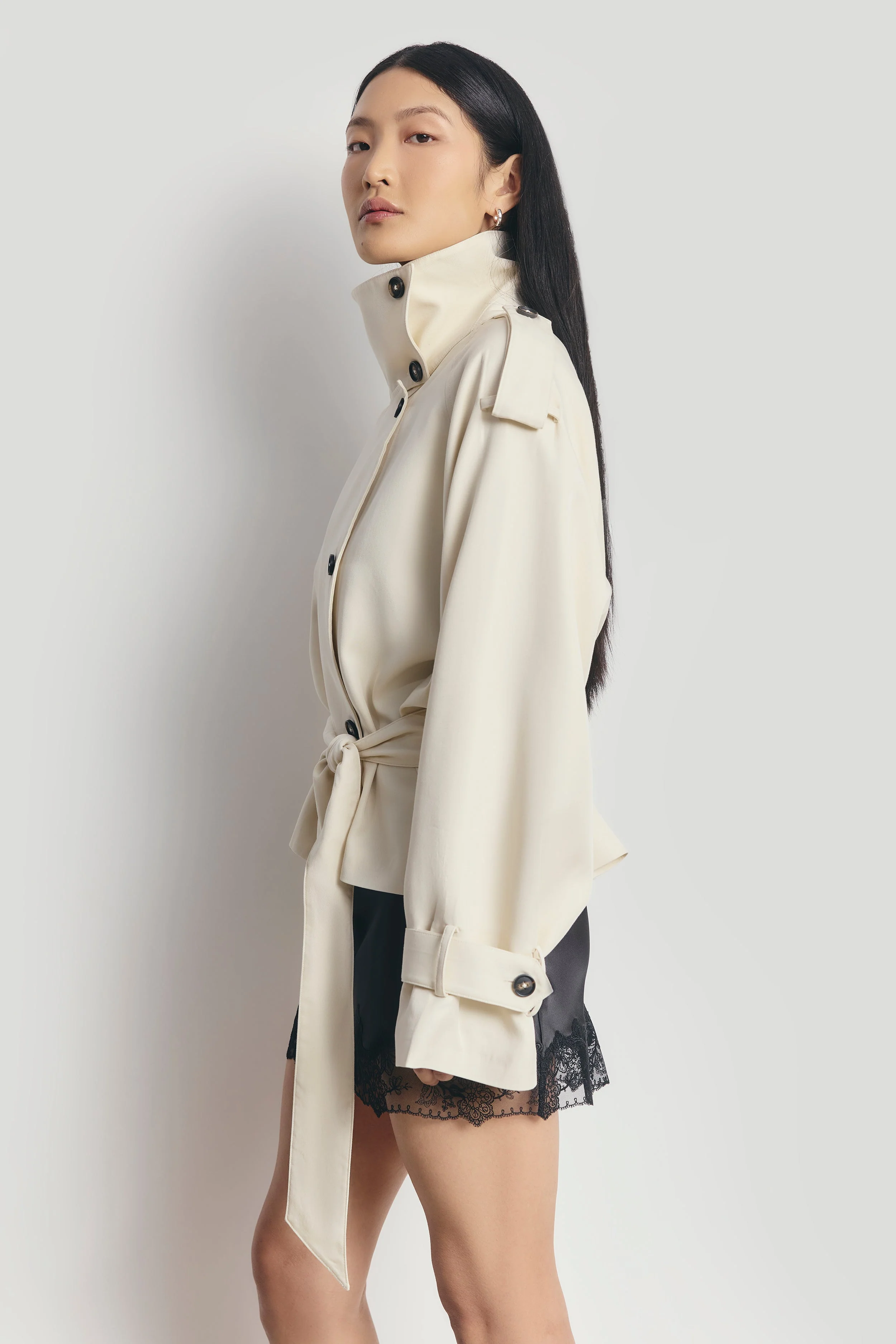 Cropped Funnel Neck Trench - Ecru - Image 7