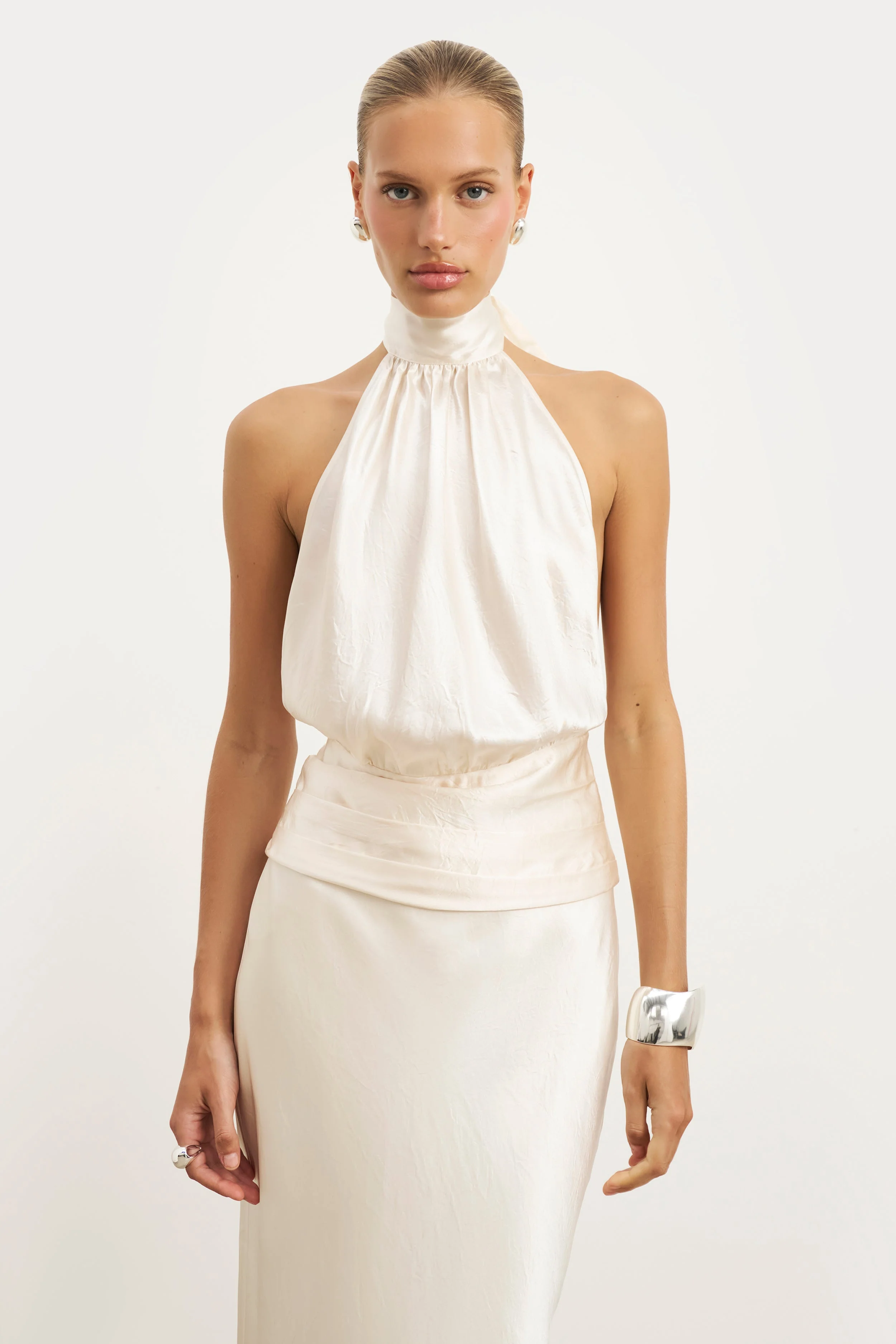 Crushed Satin Backless Halterneck Top - Champagne - Image 4