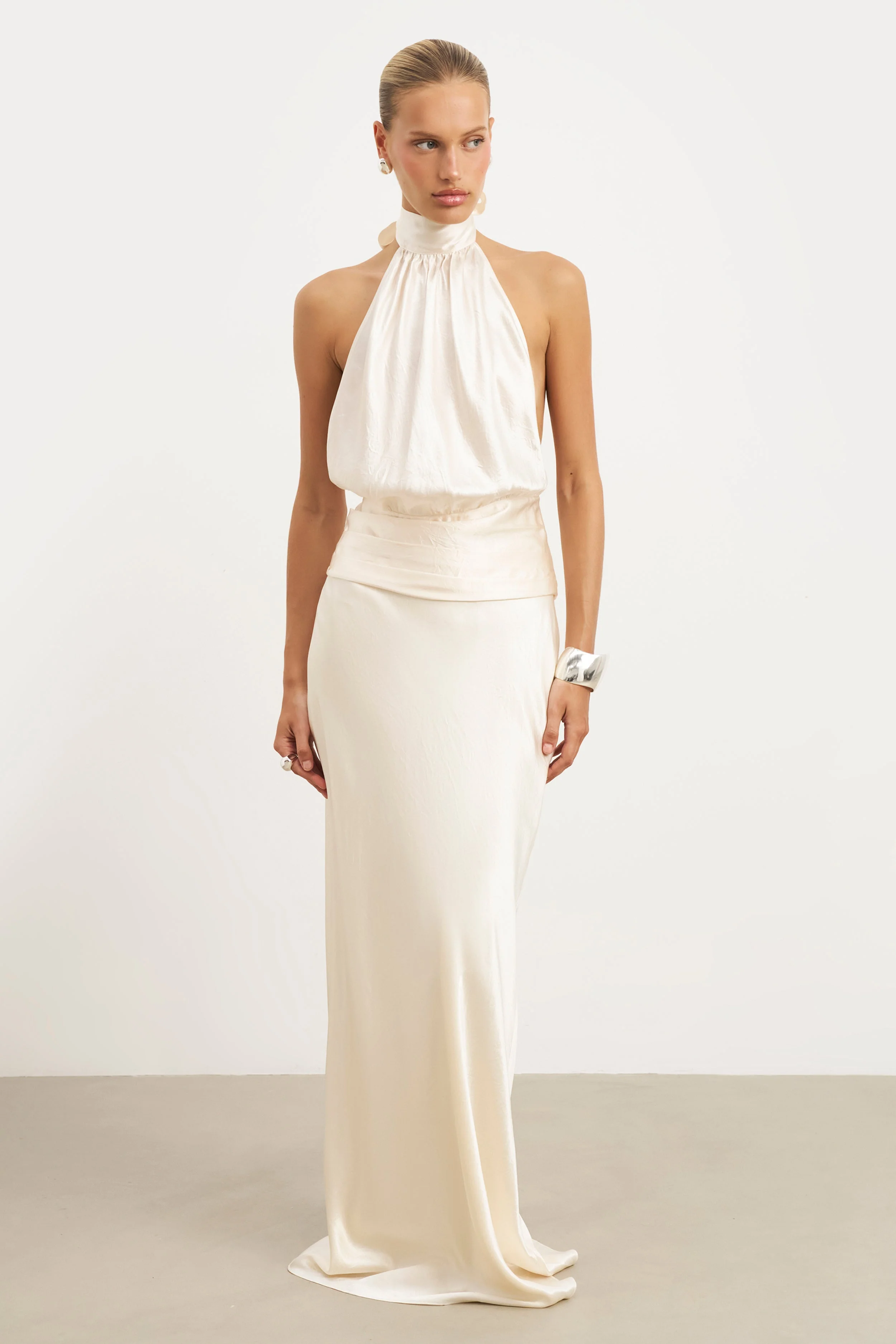 Crushed Satin Backless Halterneck Top - Champagne - Image 5