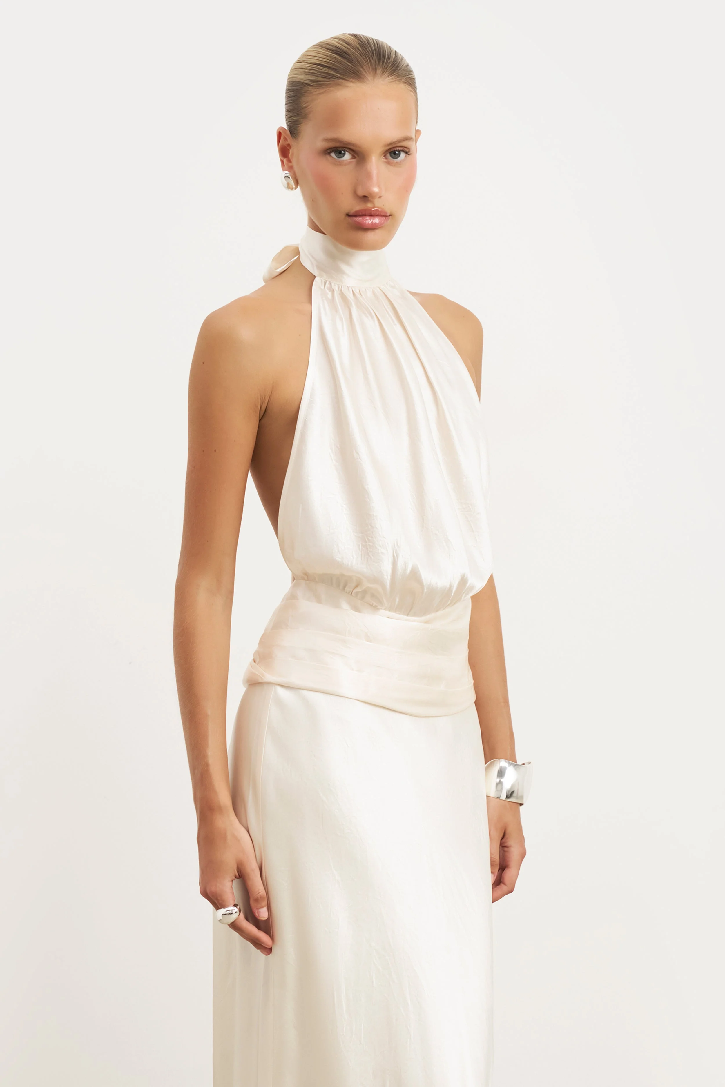 Crushed Satin Backless Halterneck Top - Champagne - Image 6