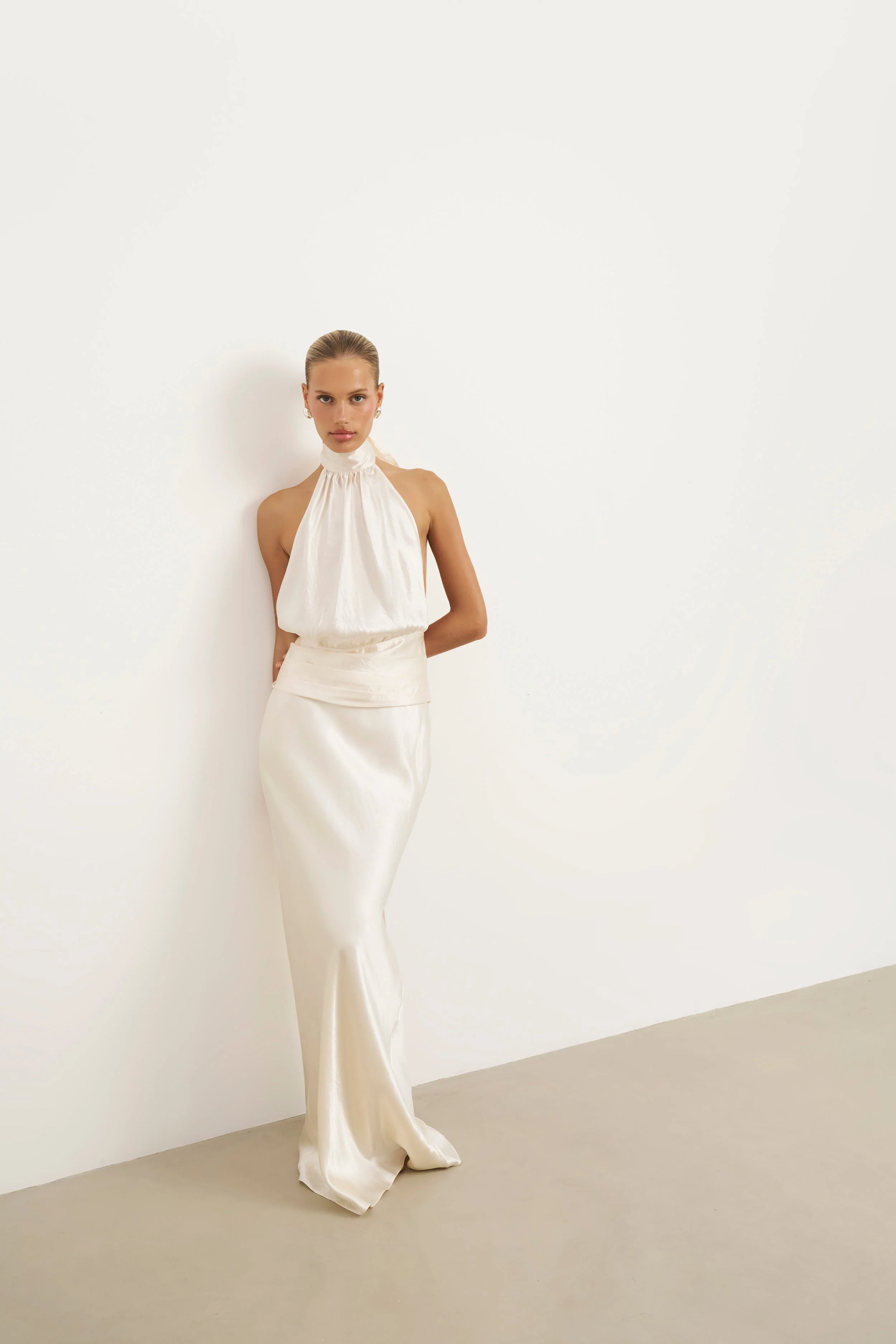 Crushed Satin Backless Halterneck Top - Champagne - Image 7