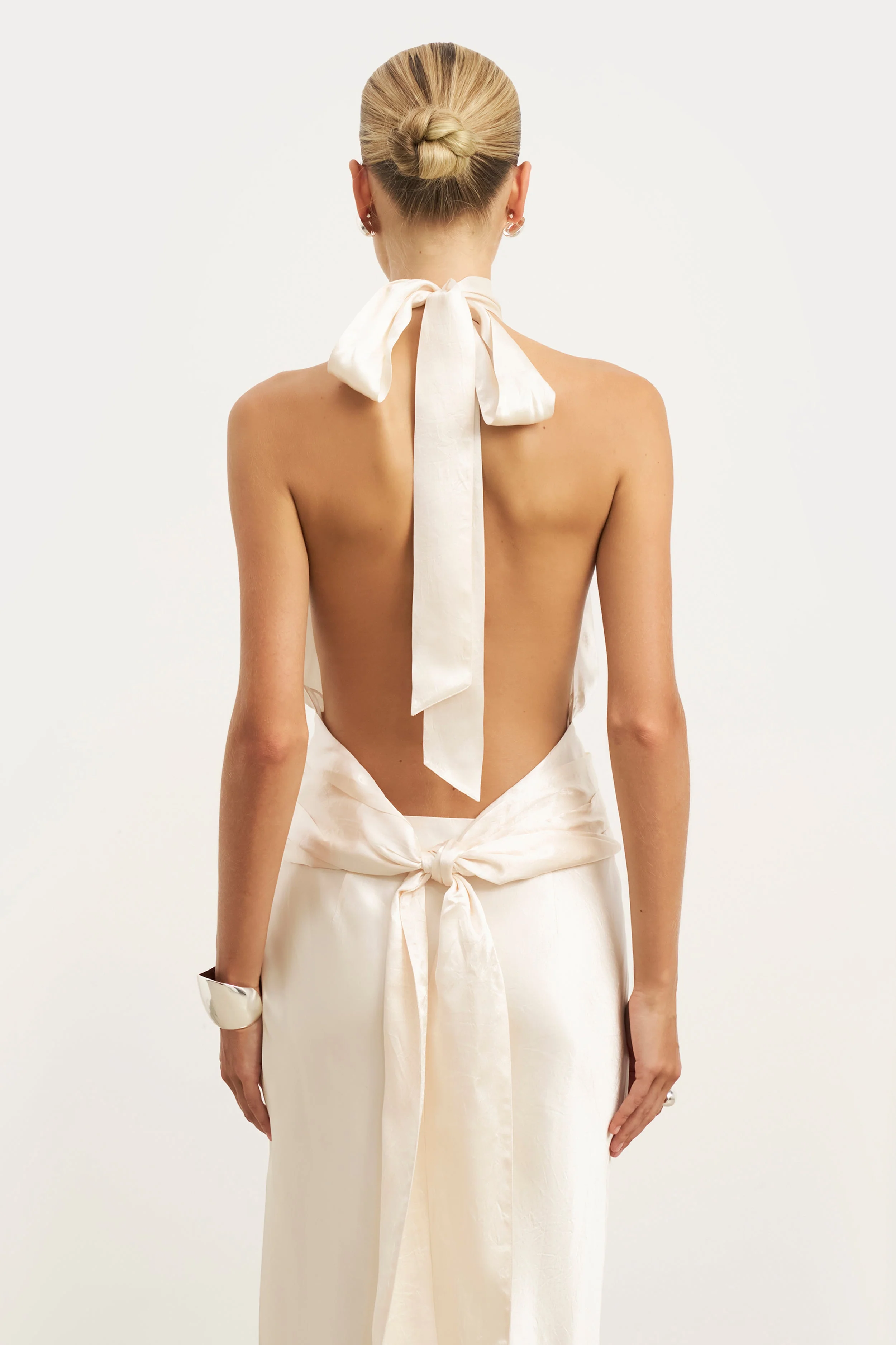 Crushed Satin Backless Halterneck Top - Champagne - Image 8