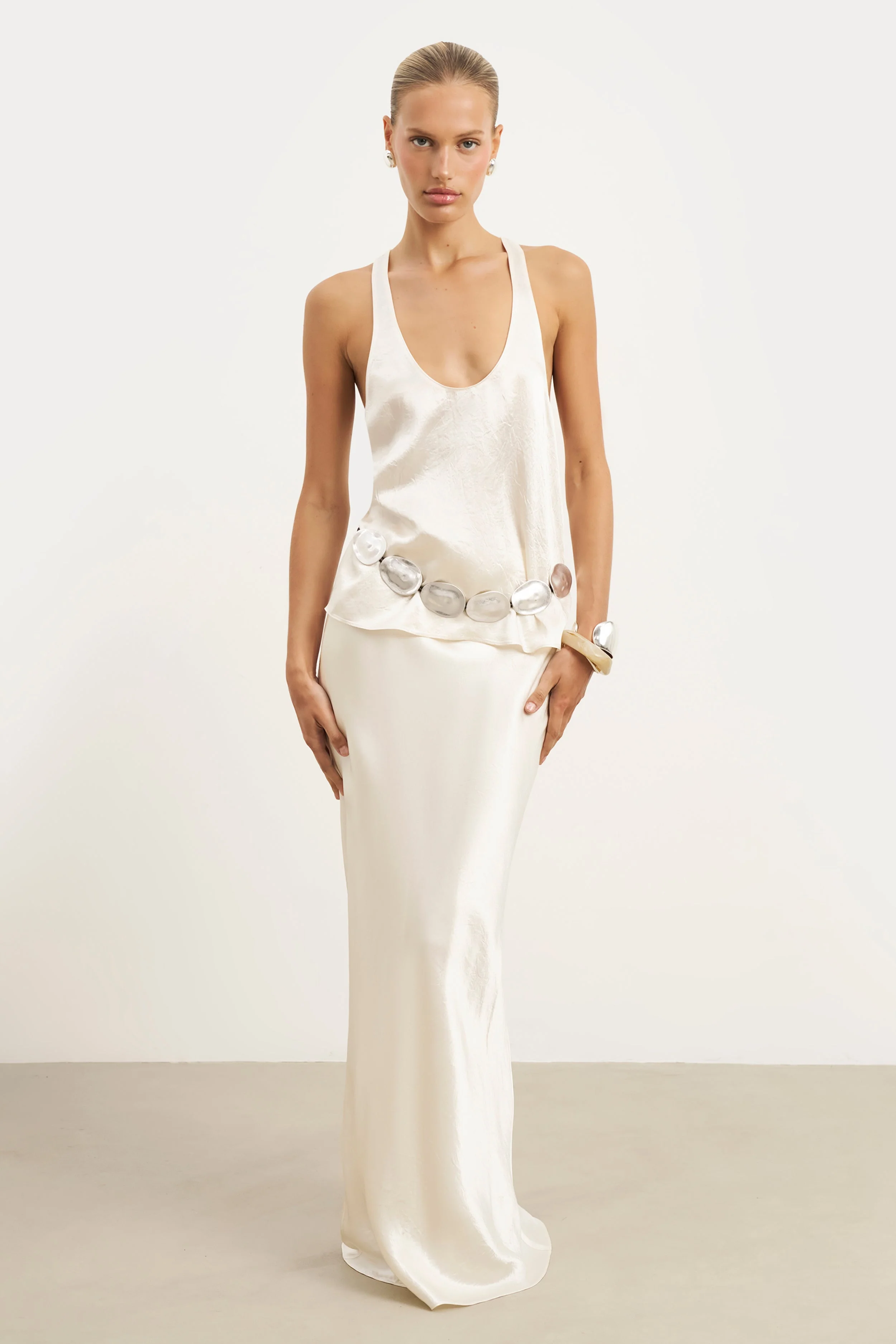 Crushed Satin Bias Cut Maxi Skirt - Champagne - Image 4