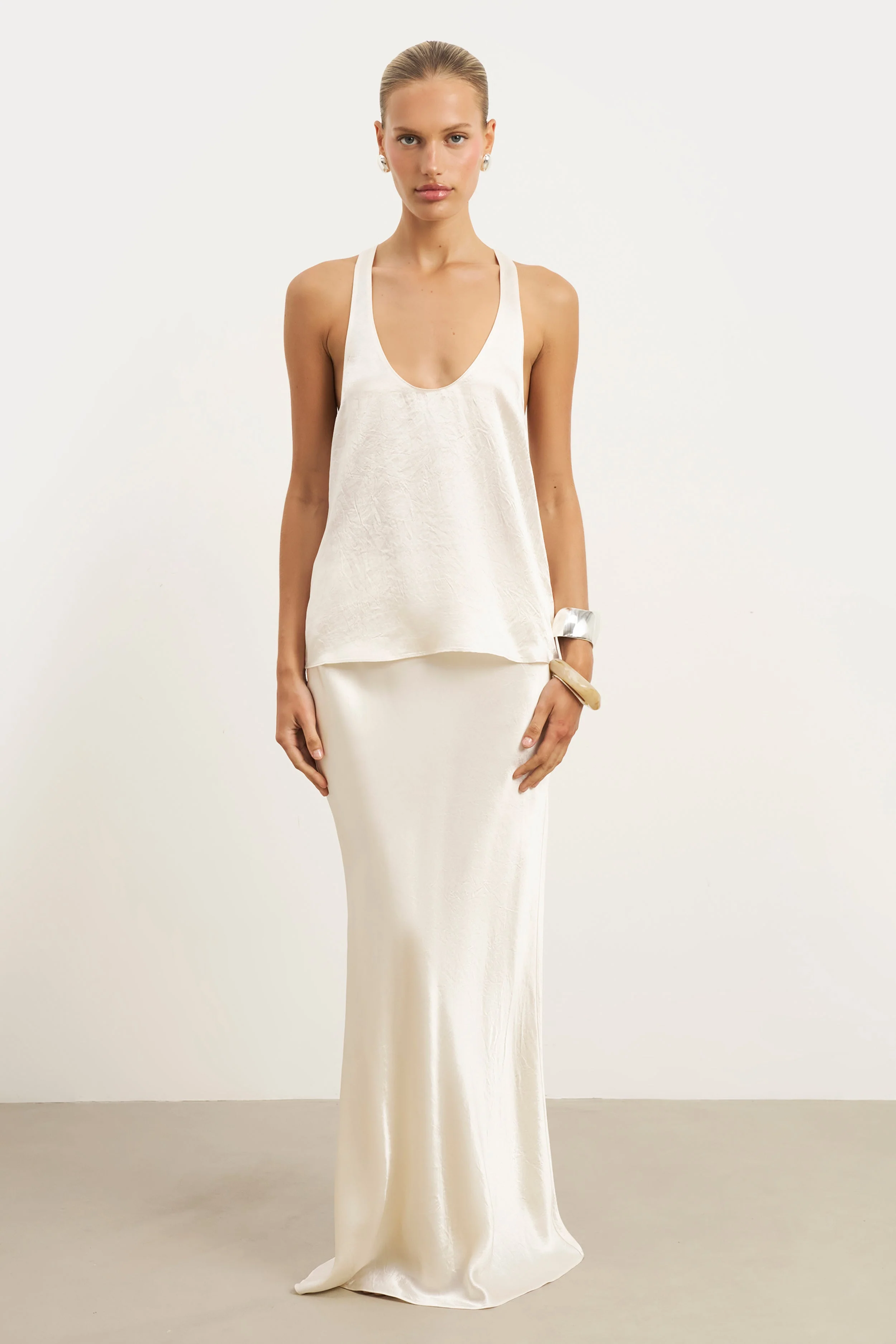 Crushed Satin Bias Cut Maxi Skirt - Champagne - Image 6