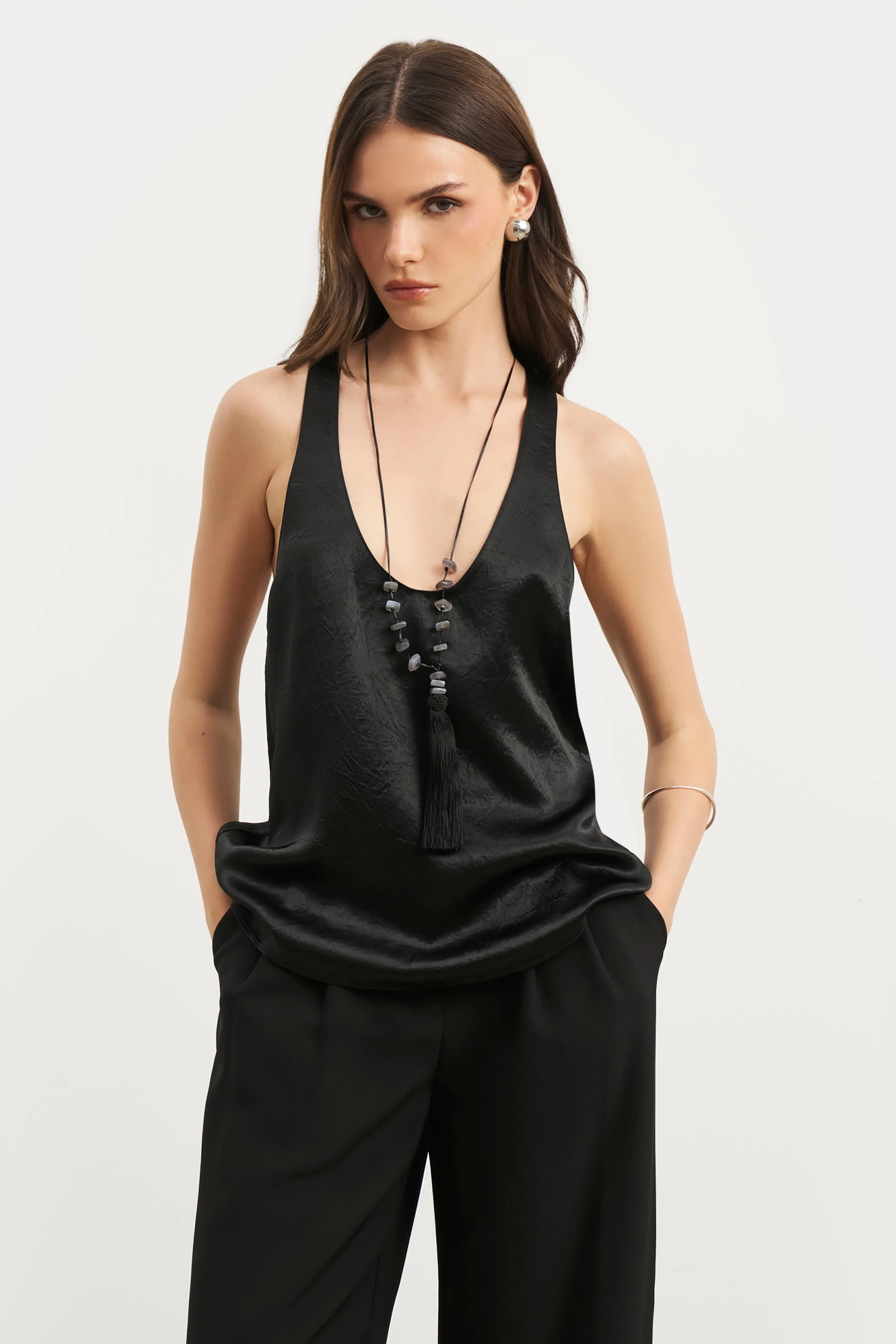 Crushed Satin Plunge U Neck Tank Top - Black - Image 4