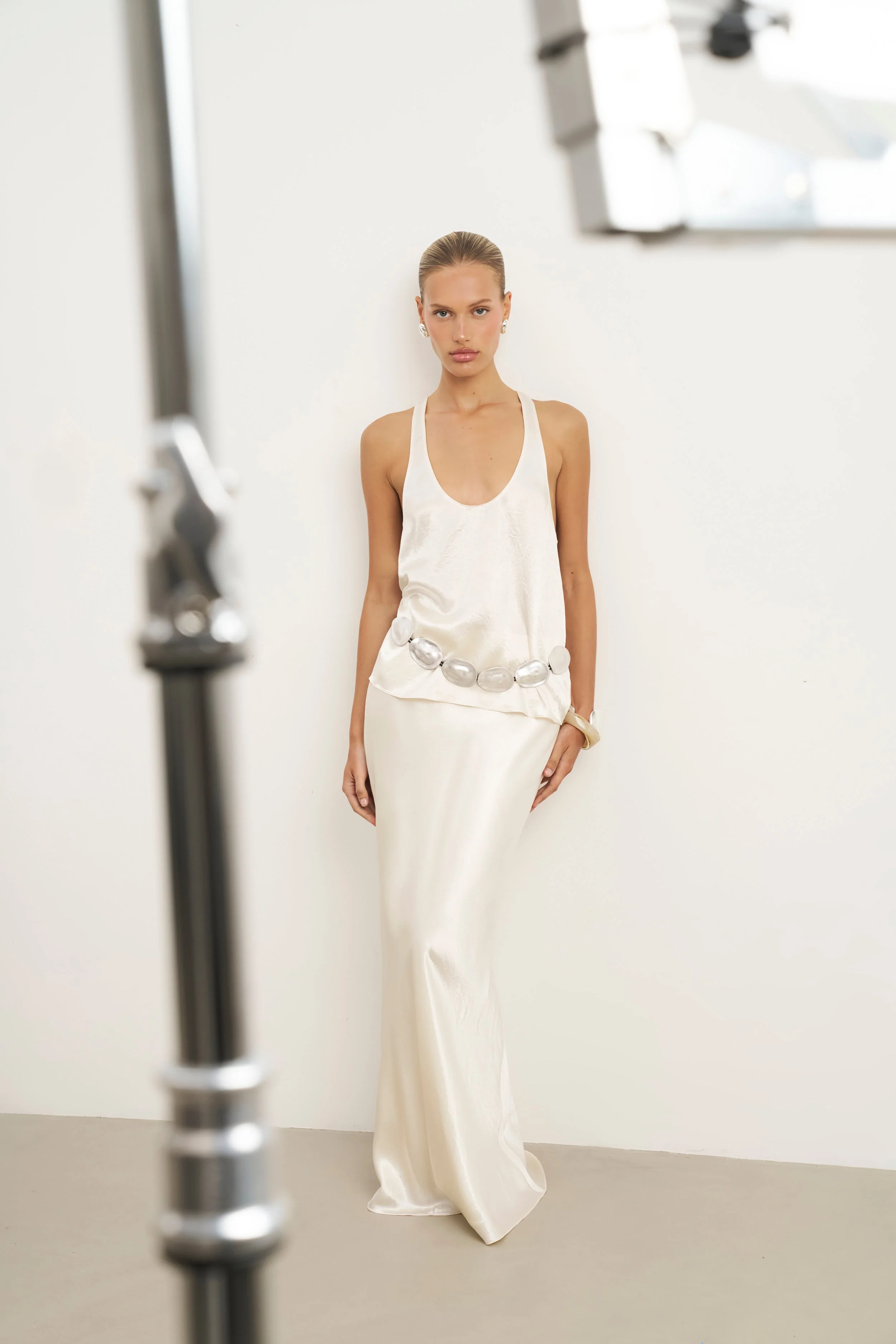 Crushed Satin Plunge U Neck Tank Top - Champagne - Image 6