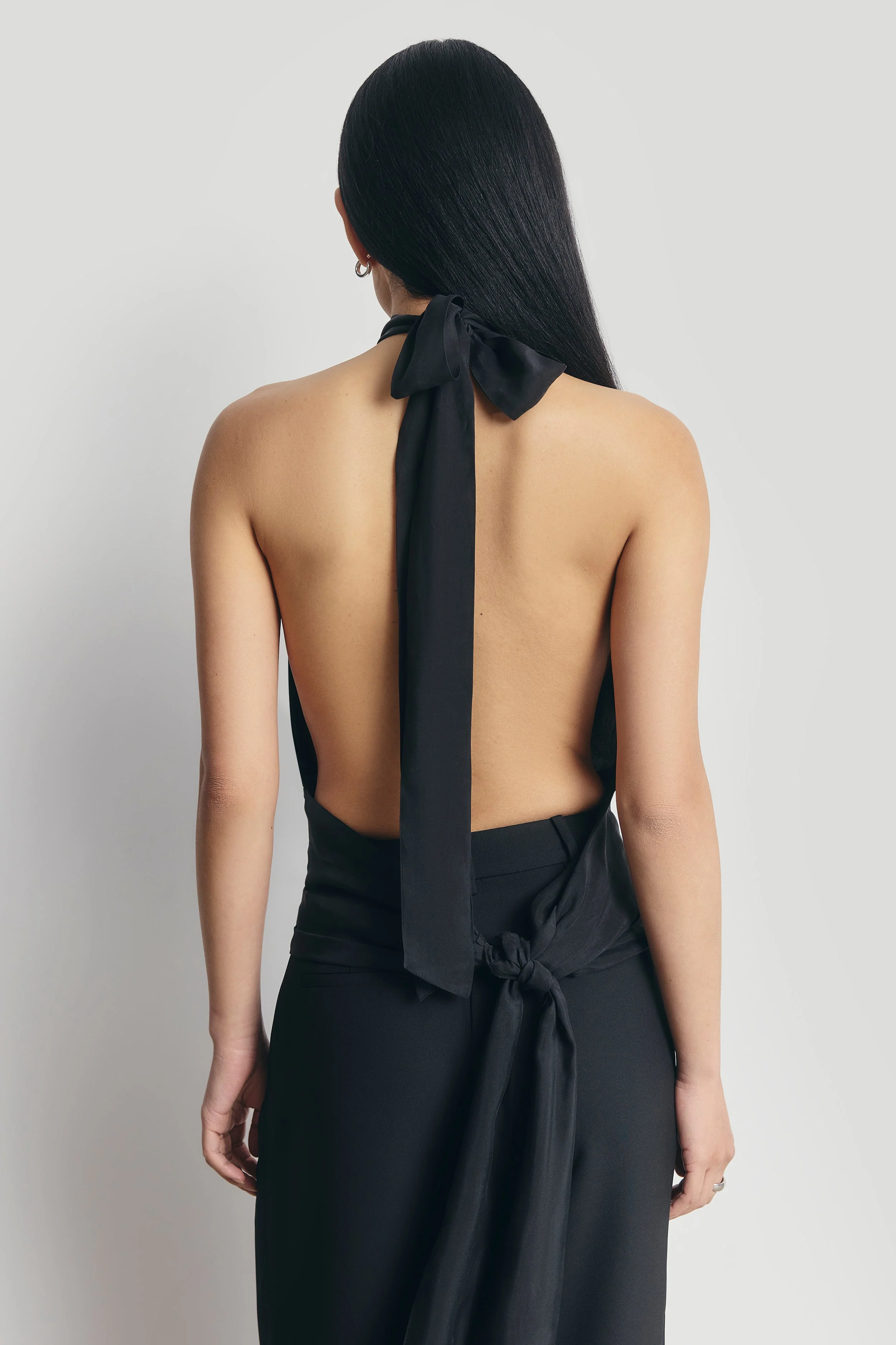 Cupro Backless Belted Halterneck Top - Black - Image 3