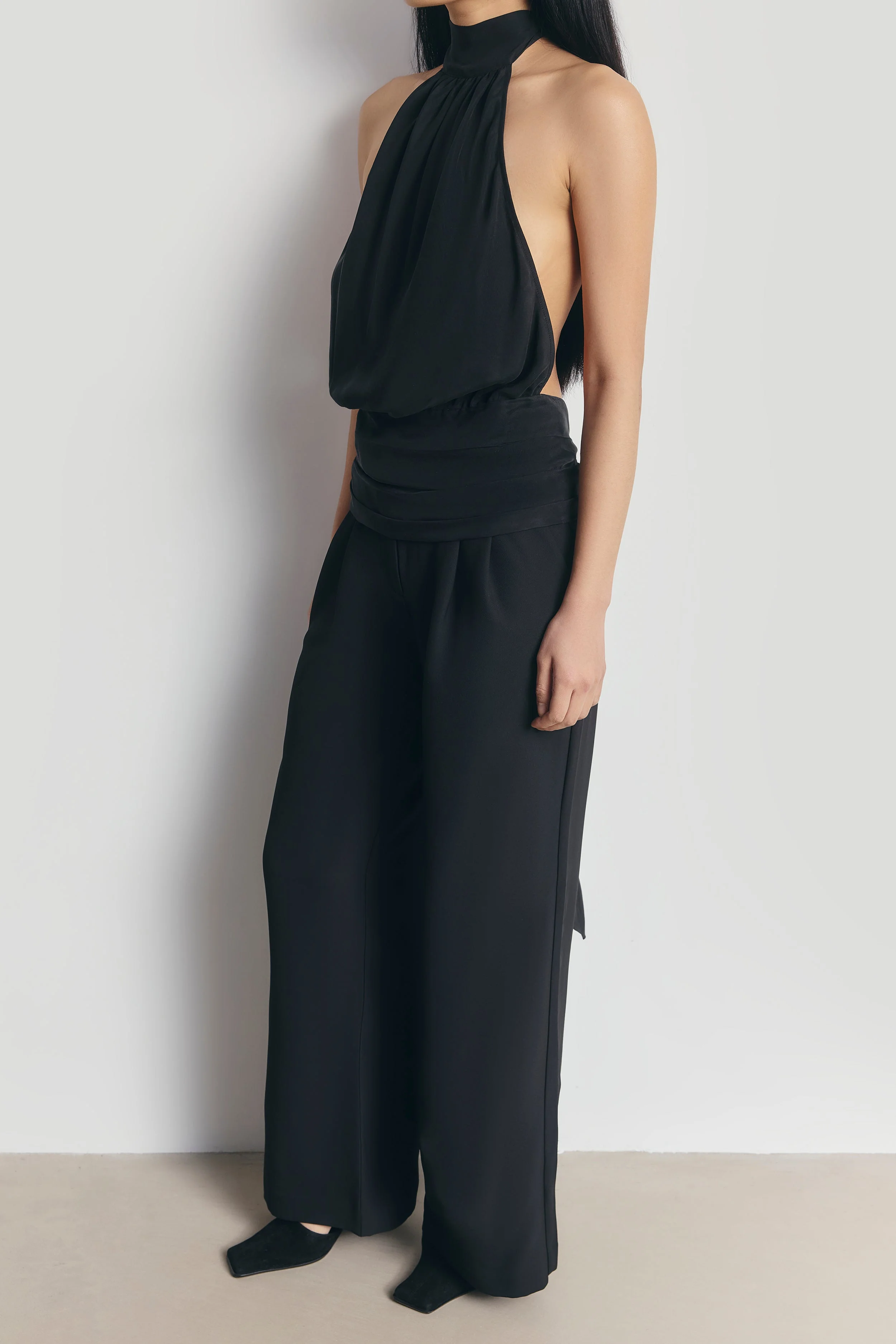 Cupro Backless Belted Halterneck Top - Black - Image 4