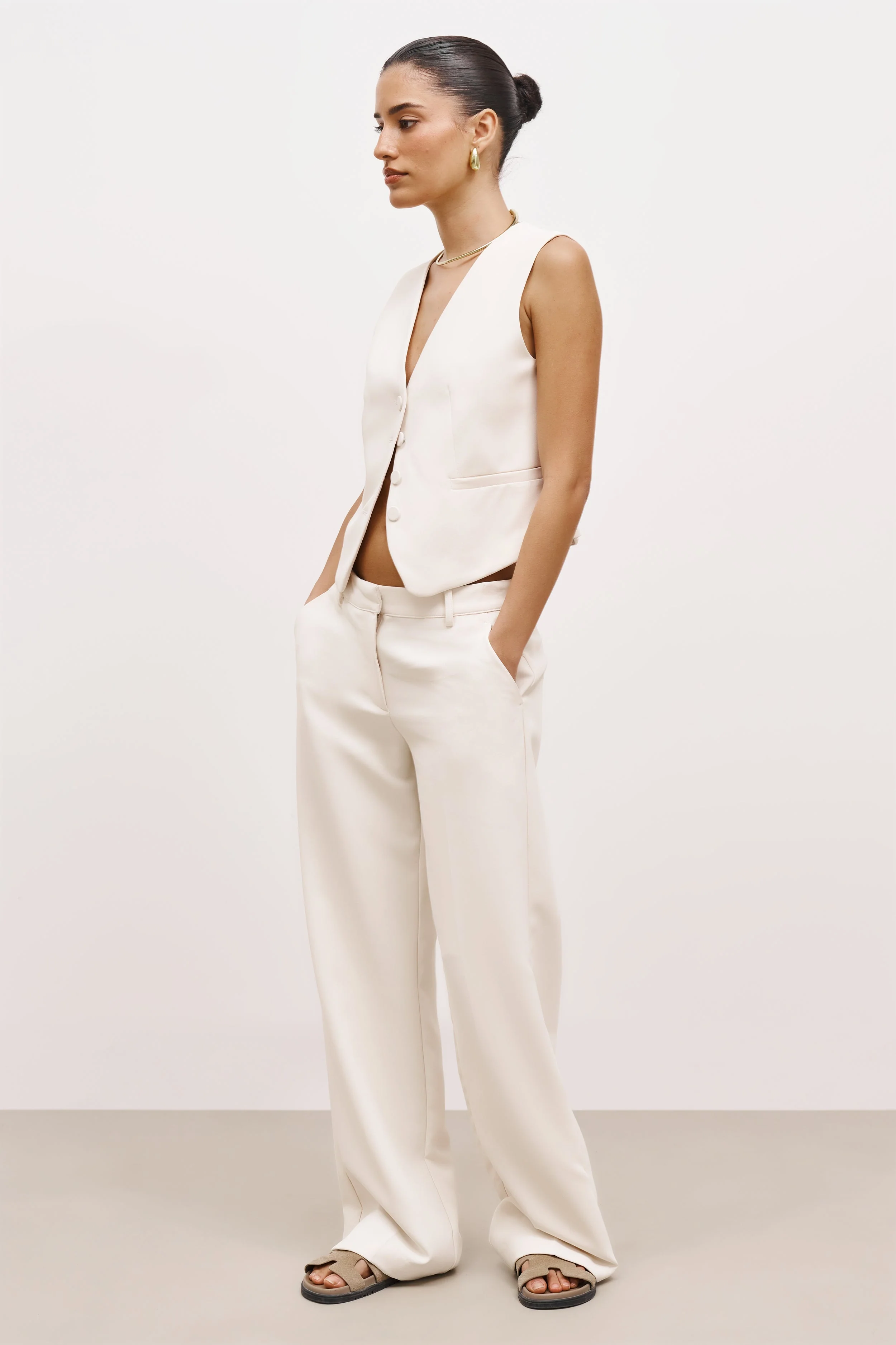 Draped Mid Rise Trousers - Cream - Image 3