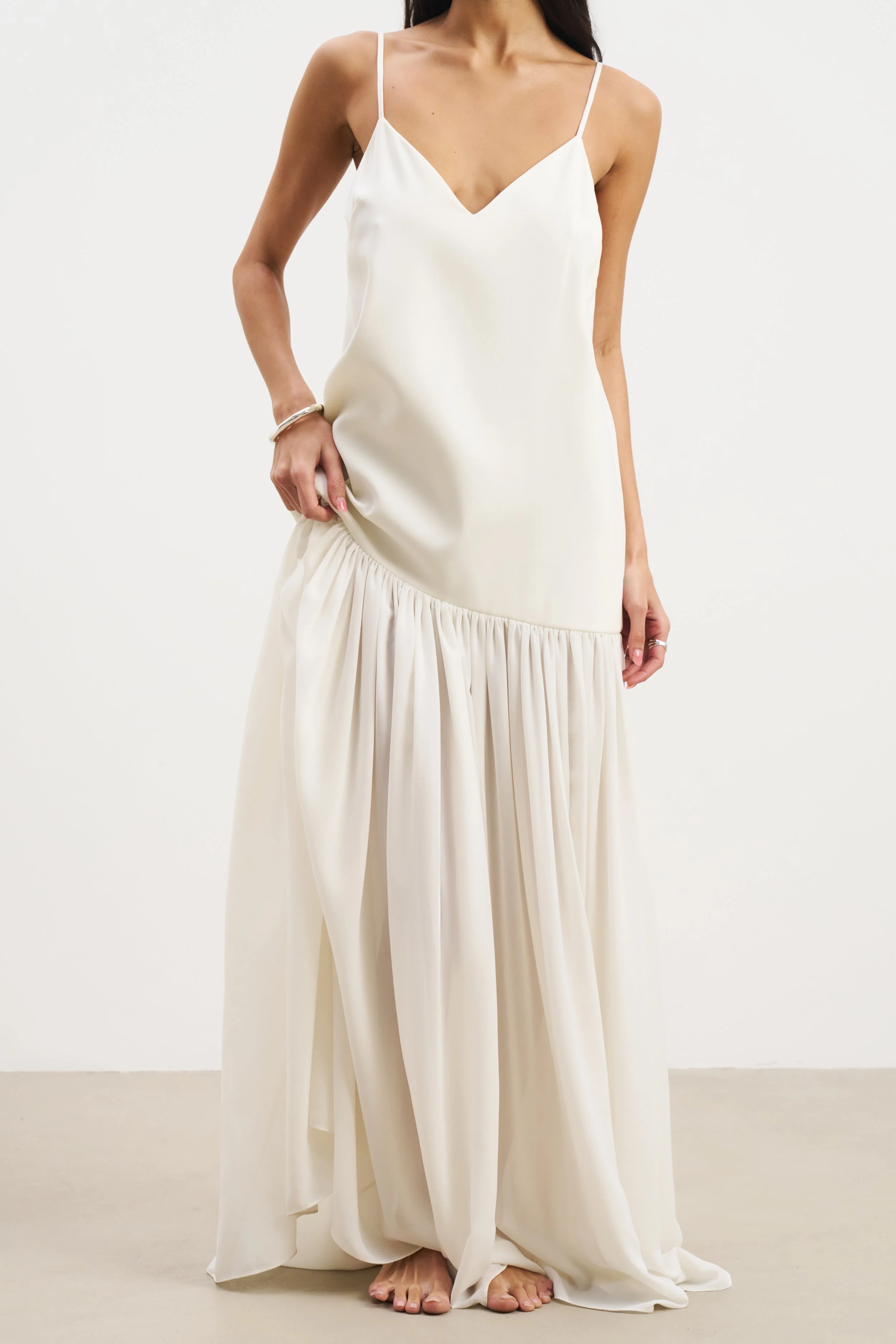 Flowing Dropped Waist Maxi Dress - Cream - Image 12