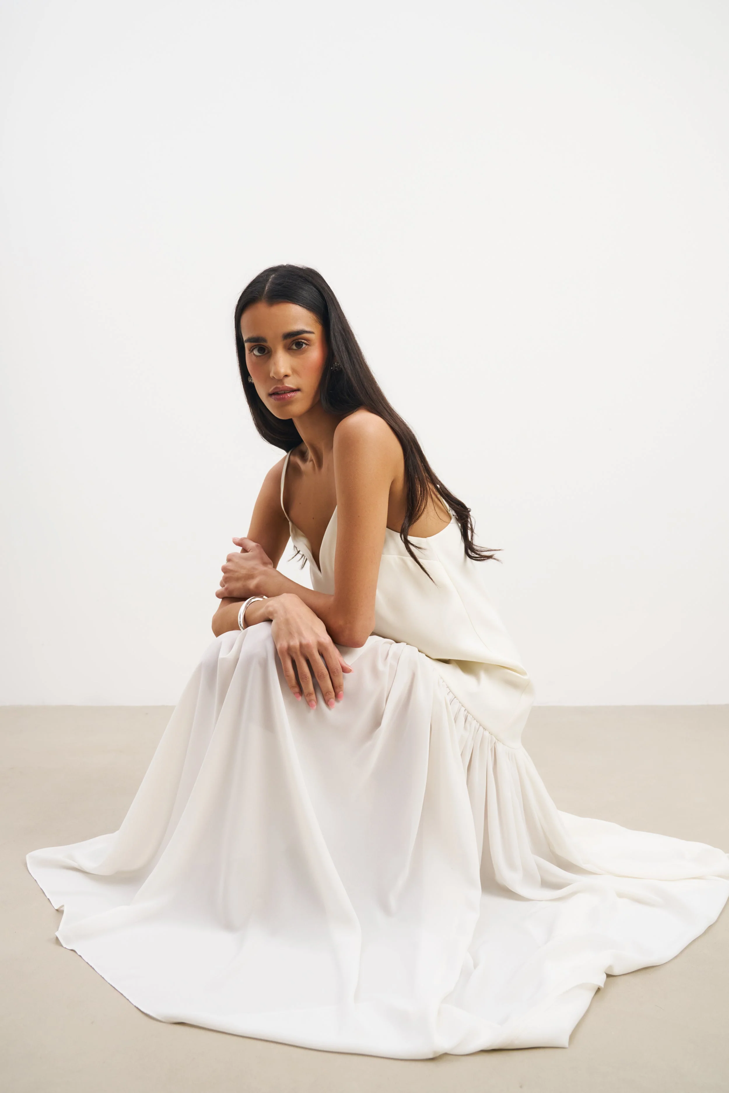 Flowing Dropped Waist Maxi Dress - Cream - Image 13