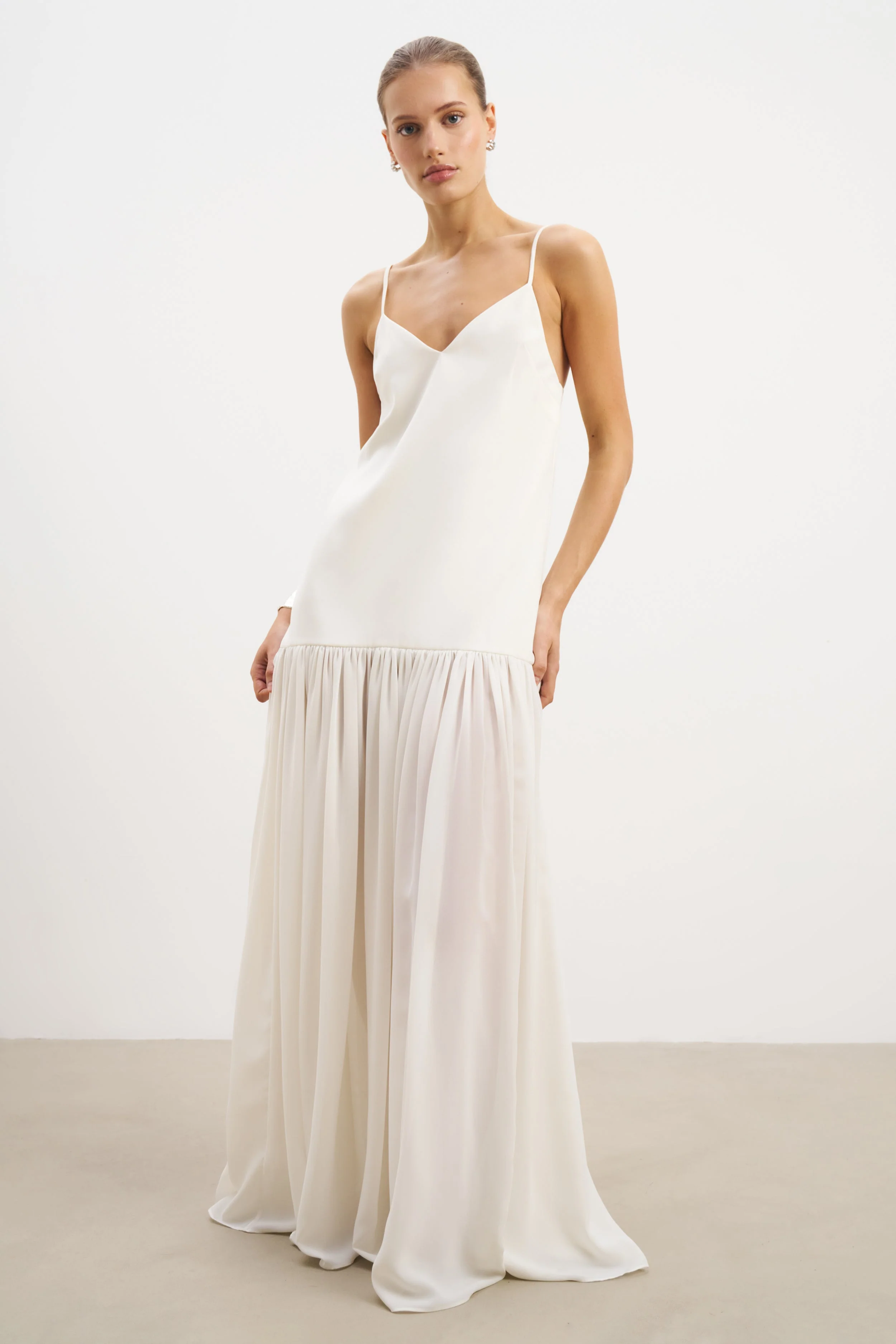 Flowing Dropped Waist Maxi Dress - Cream - Image 3
