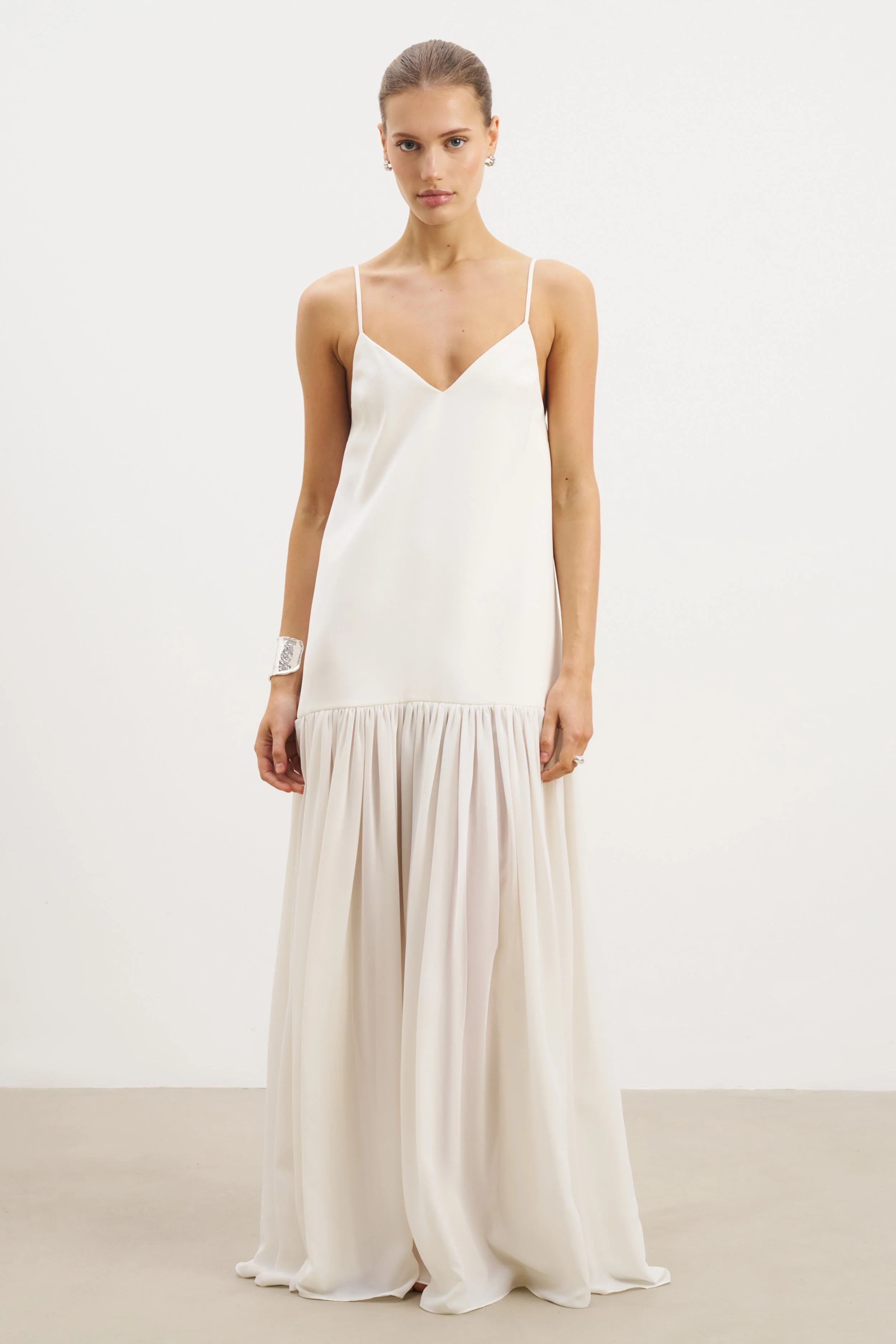 Flowing Dropped Waist Maxi Dress - Cream - Image 5