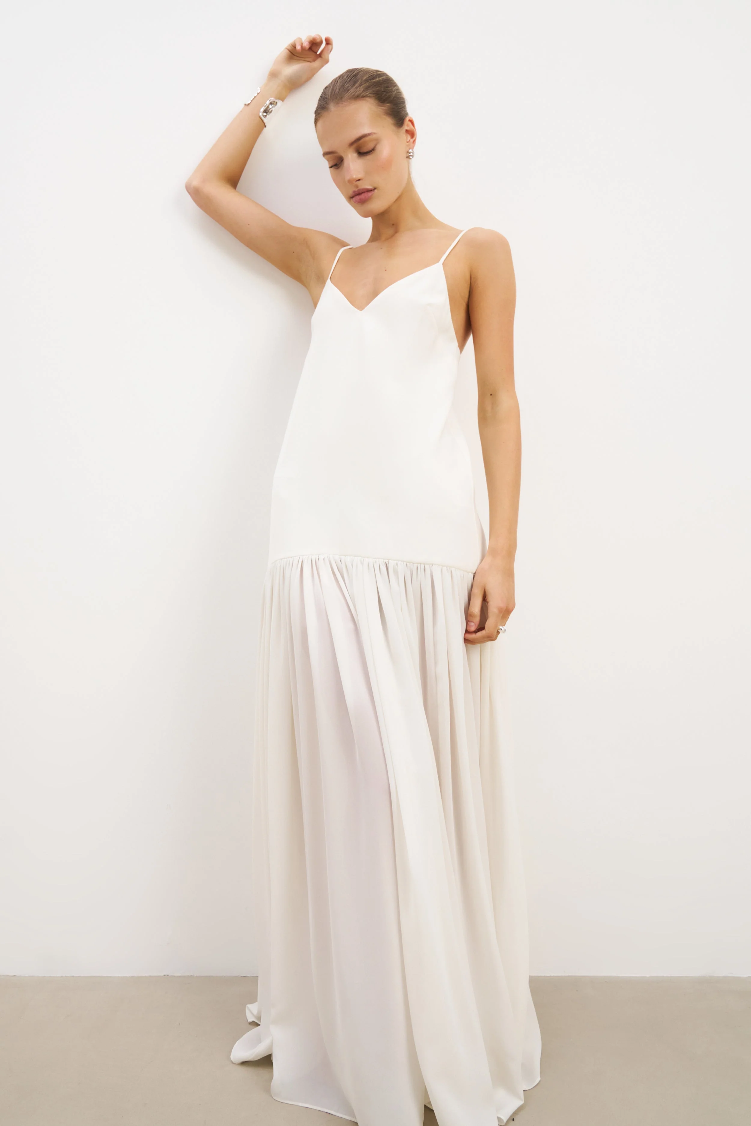 Flowing Dropped Waist Maxi Dress - Cream - Image 7