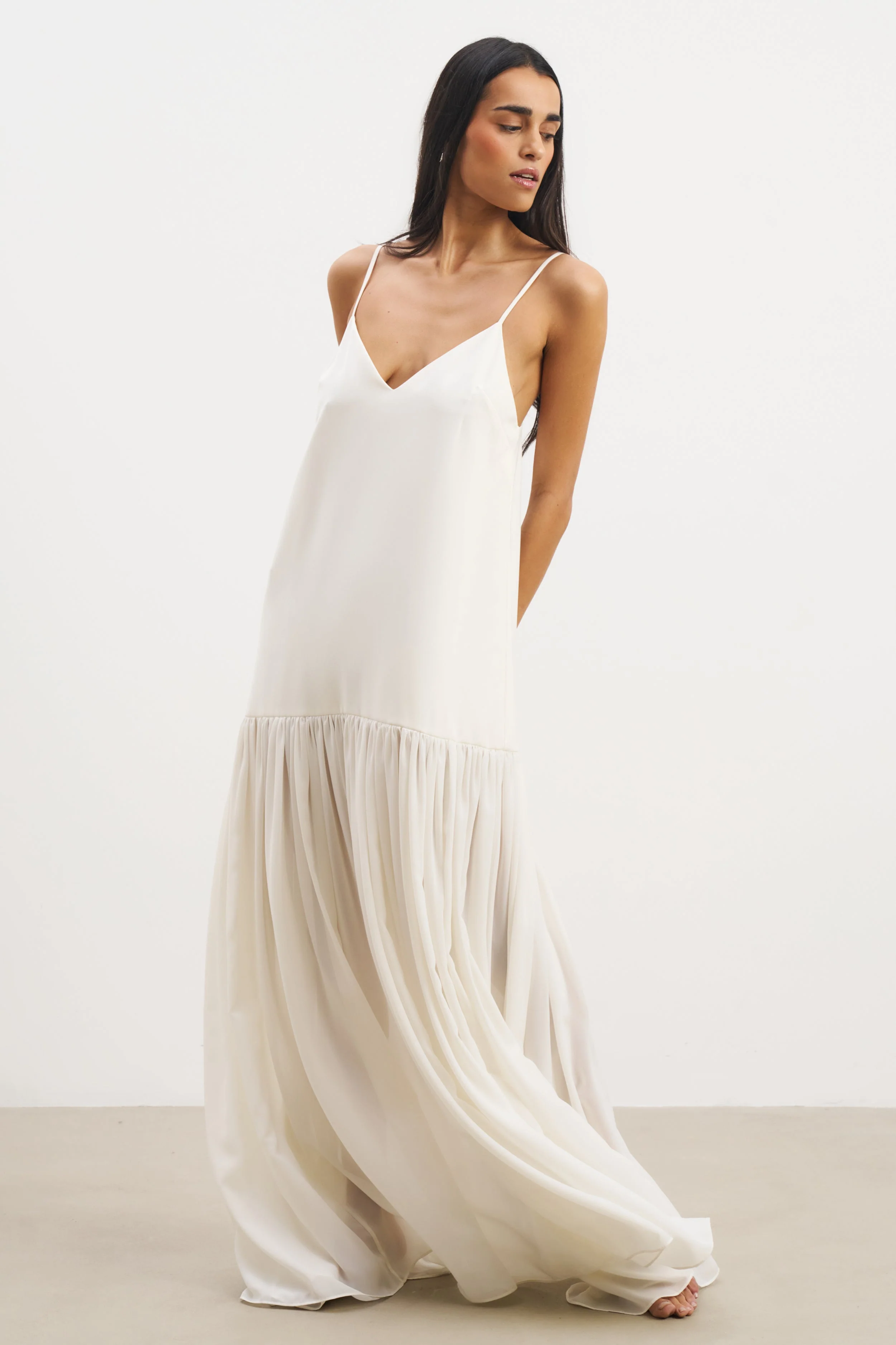 Flowing Dropped Waist Maxi Dress - Cream - Image 8