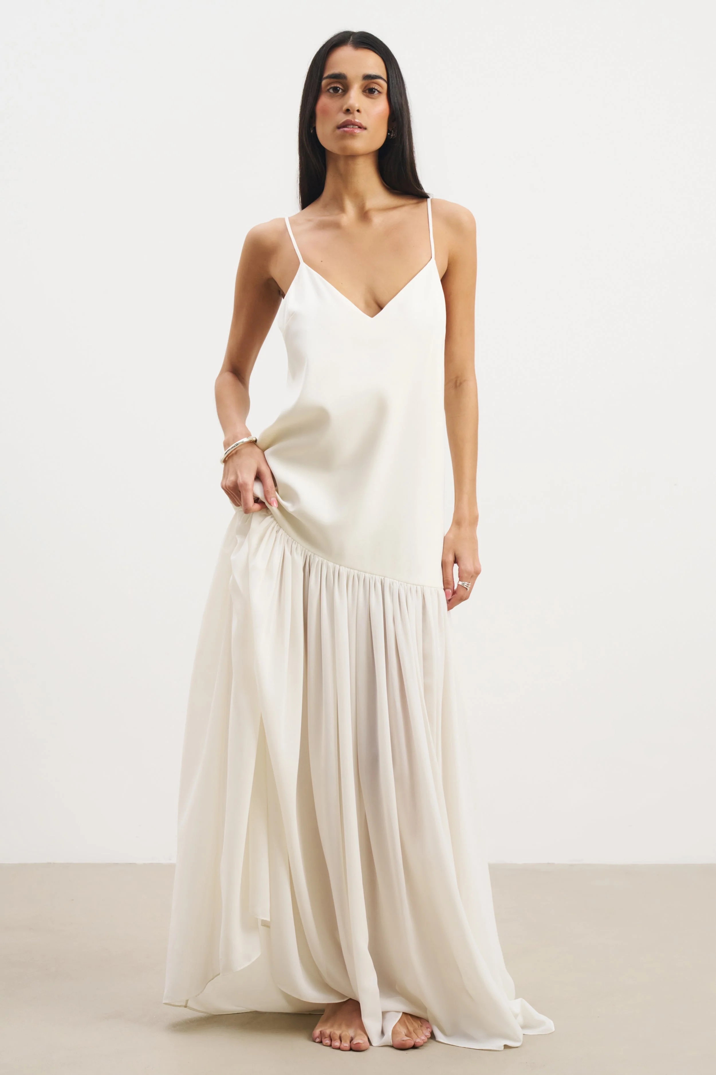 Flowing Dropped Waist Maxi Dress - Cream - Image 9