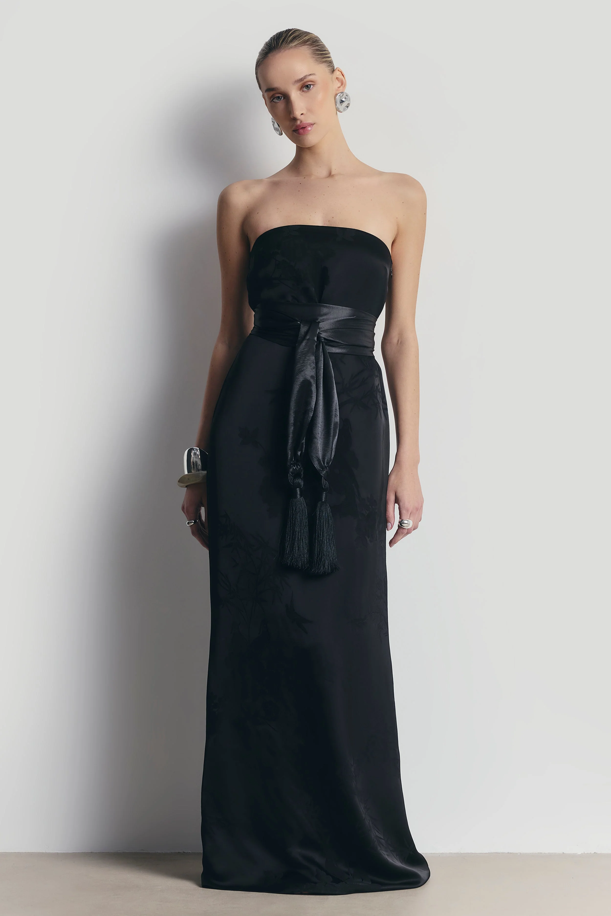 High Gloss Satin Tassel Shawl - Black - Image 6