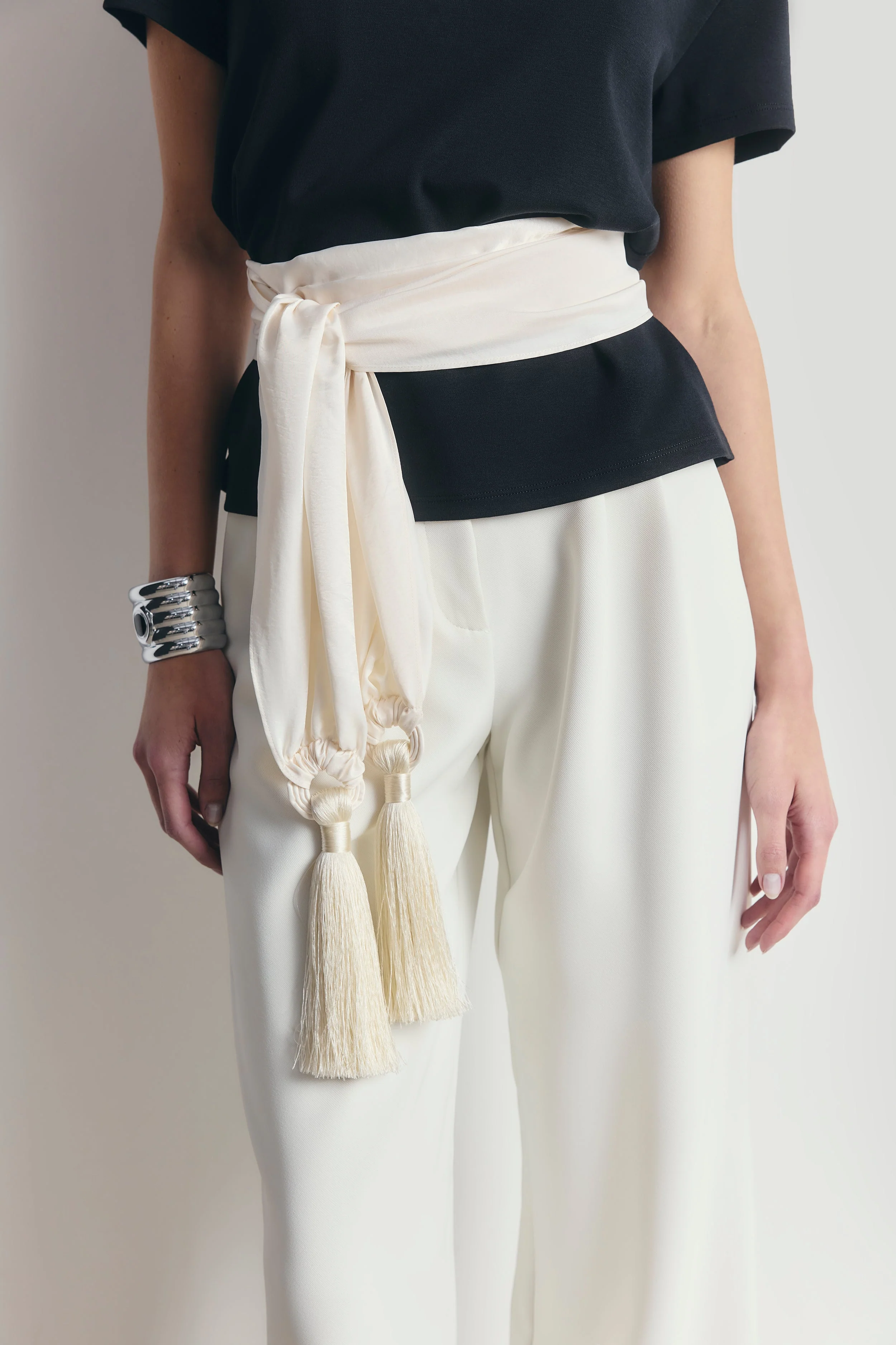 High Gloss Satin Tassel Shawl - Cream - Image 3