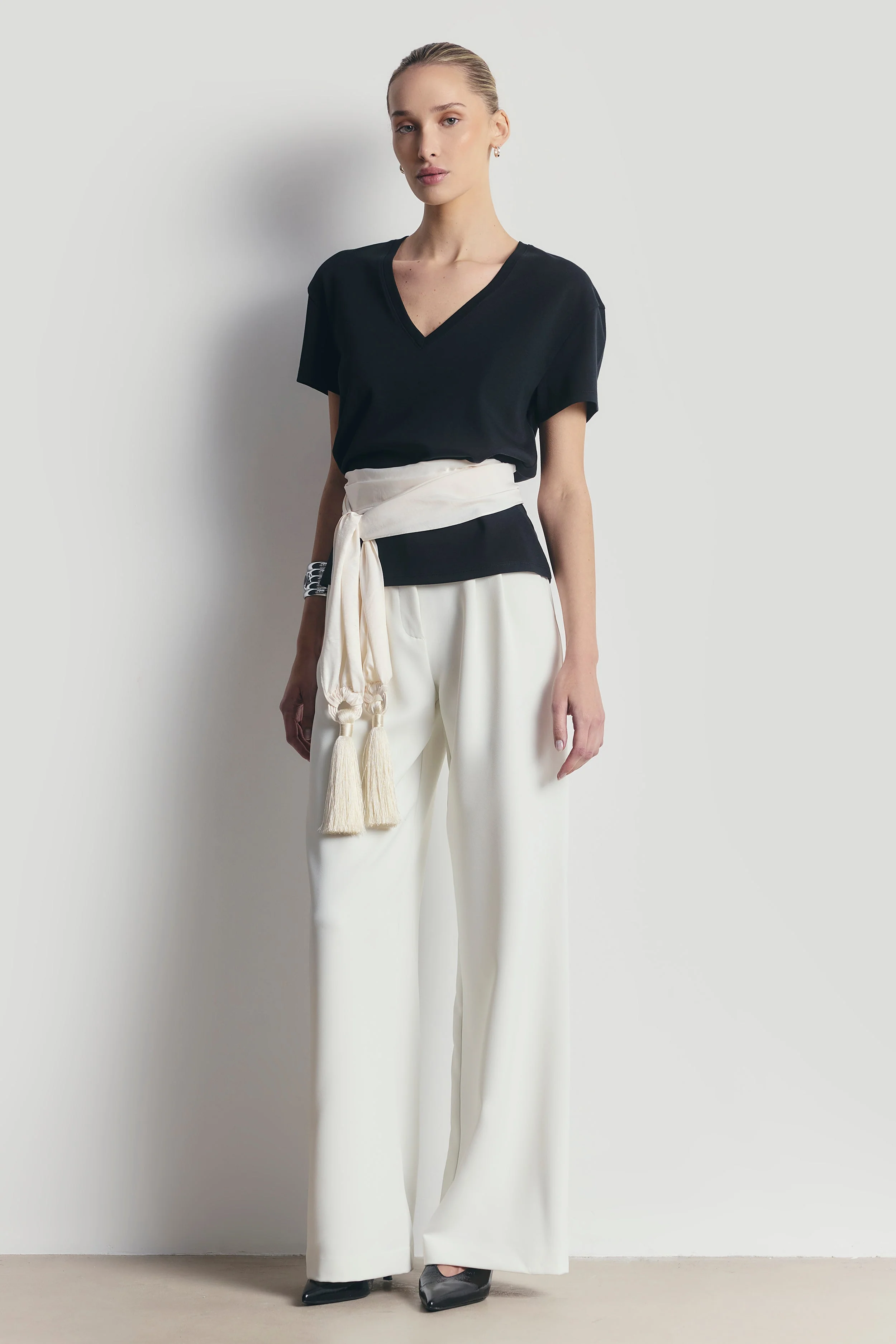 High Gloss Satin Tassel Shawl - Cream - Image 5