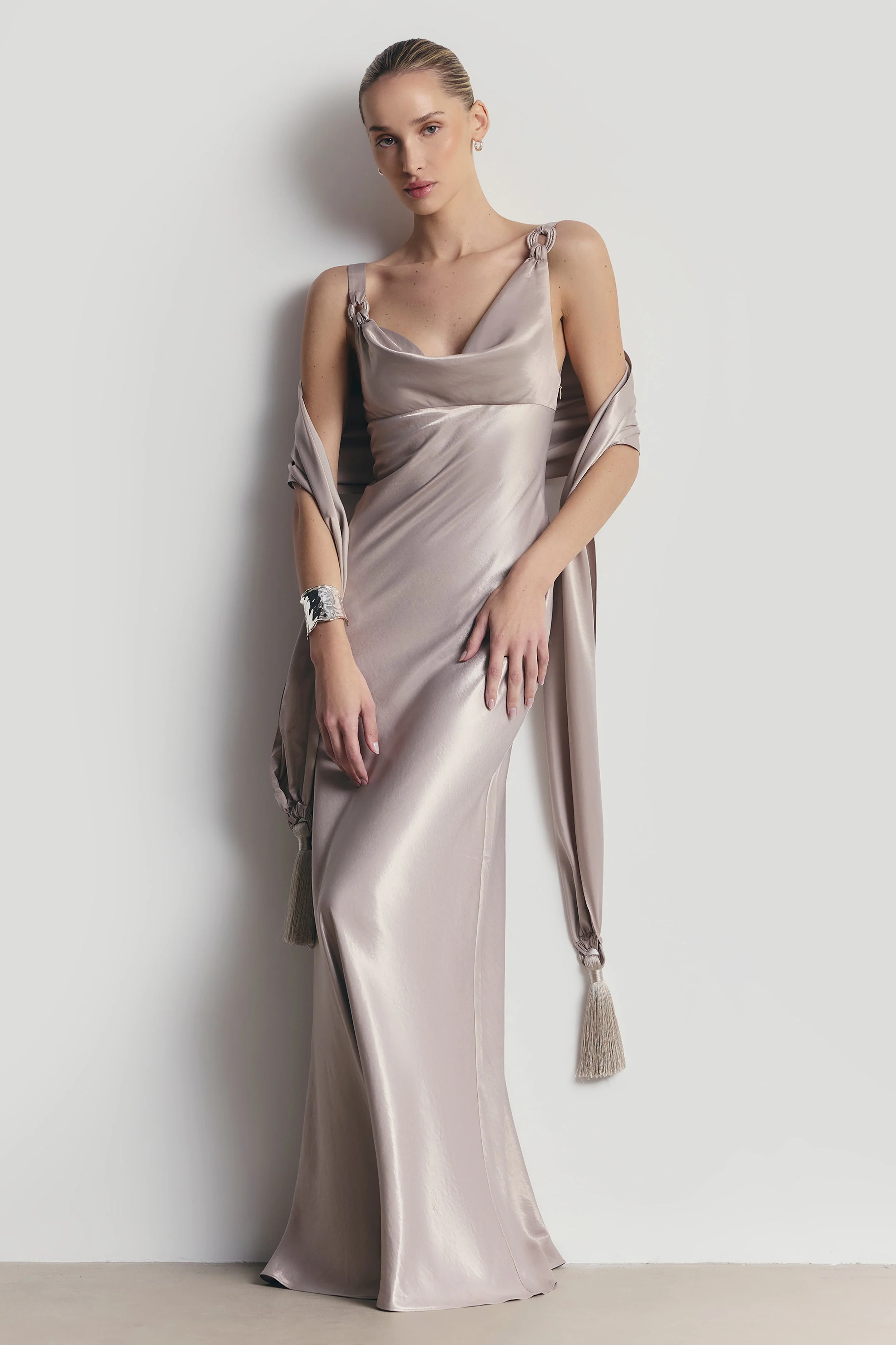 High Gloss Satin Tassel Shawl - Pebble - Image 3