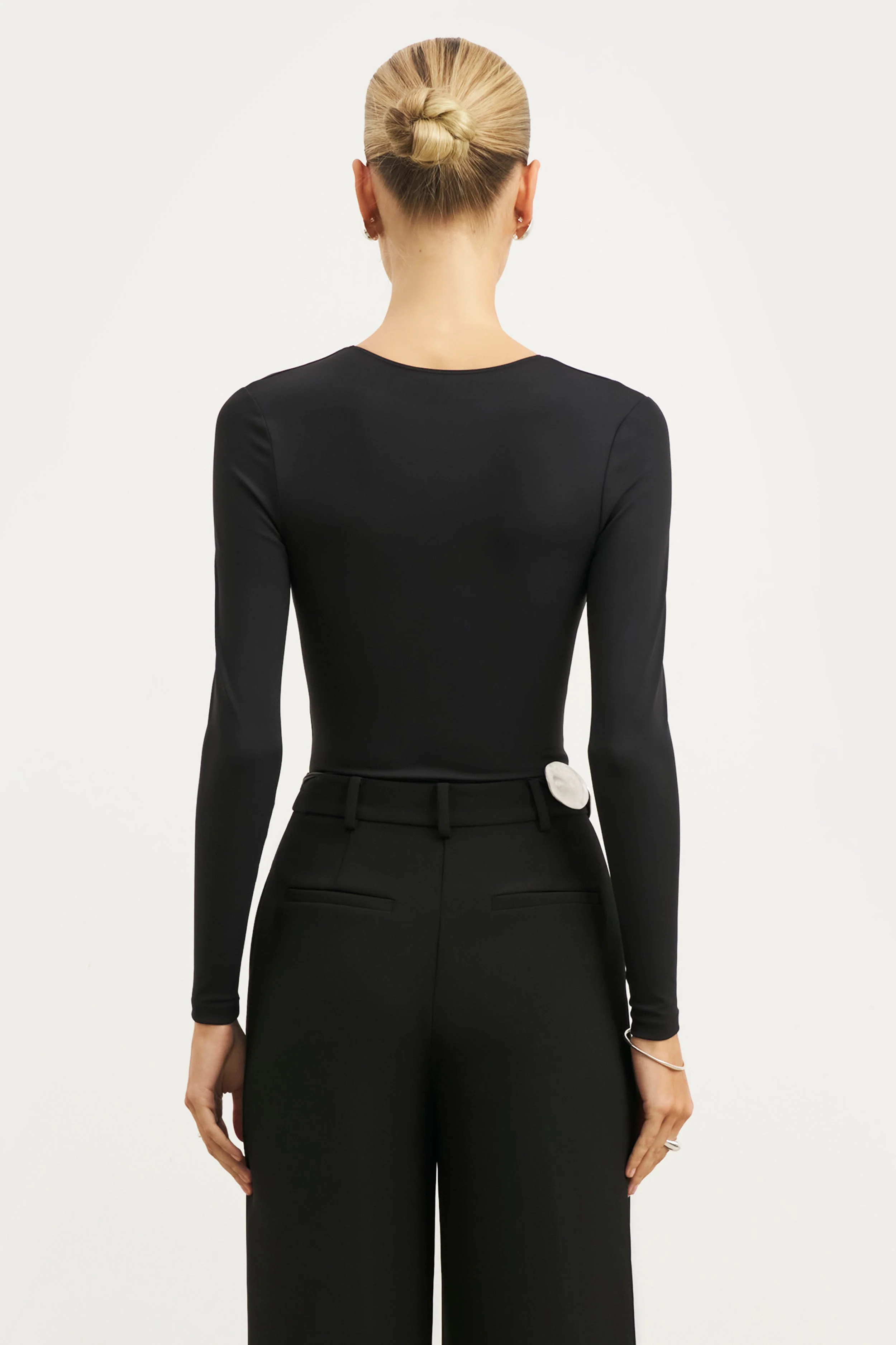 Longsleeve V Neck Plunge Bodysuit - Black - Image 6