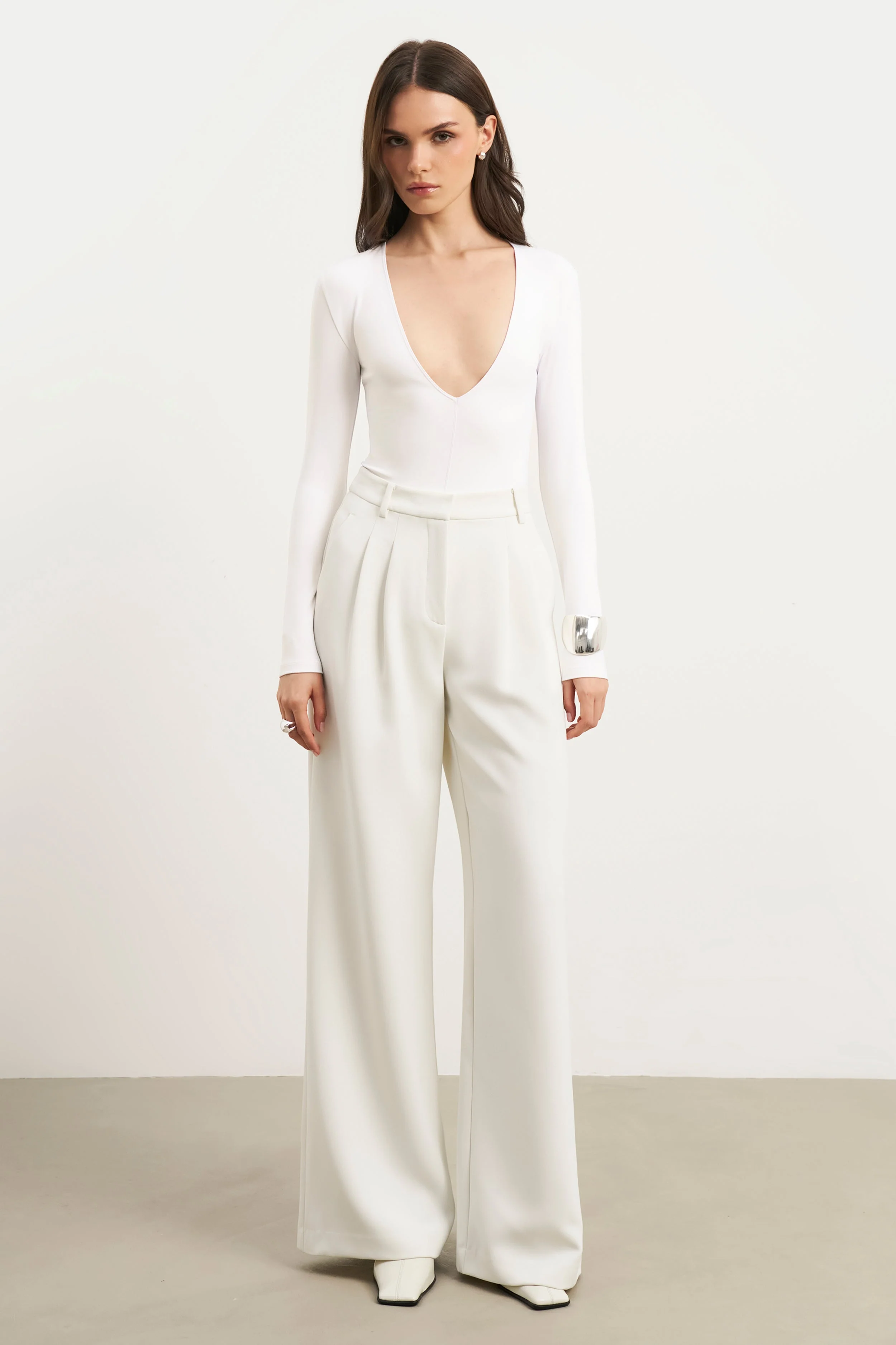 Longsleeve V Neck Plunge Bodysuit - White - Image 5