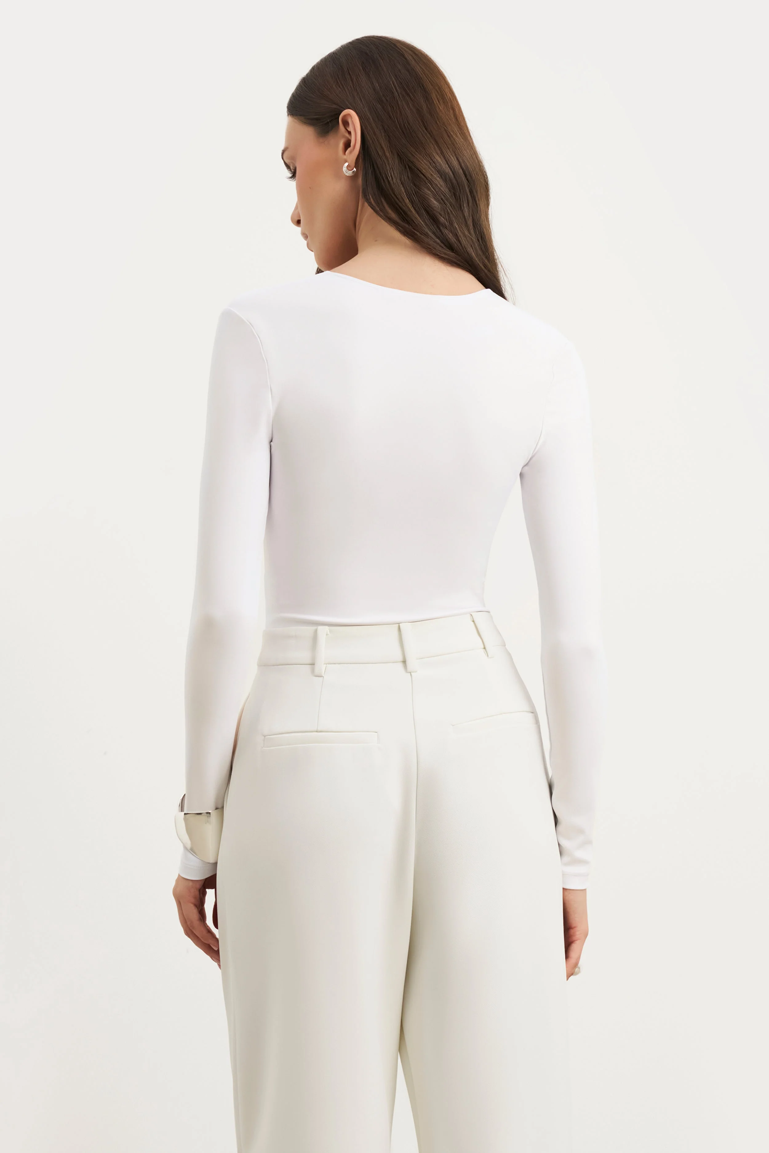 Longsleeve V Neck Plunge Bodysuit - White - Image 6