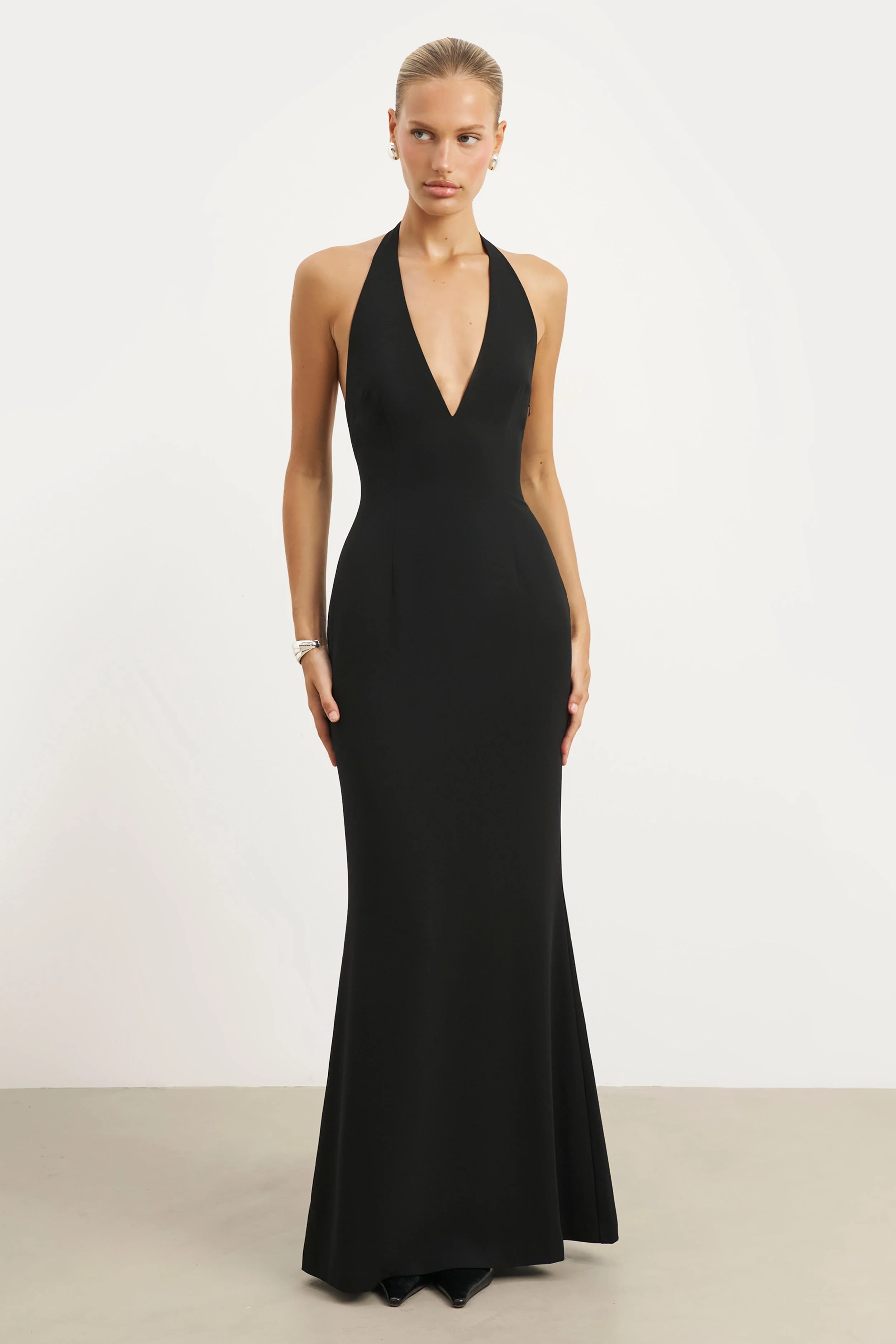 Plunging V Neck Halter Gown - Black - Image 3