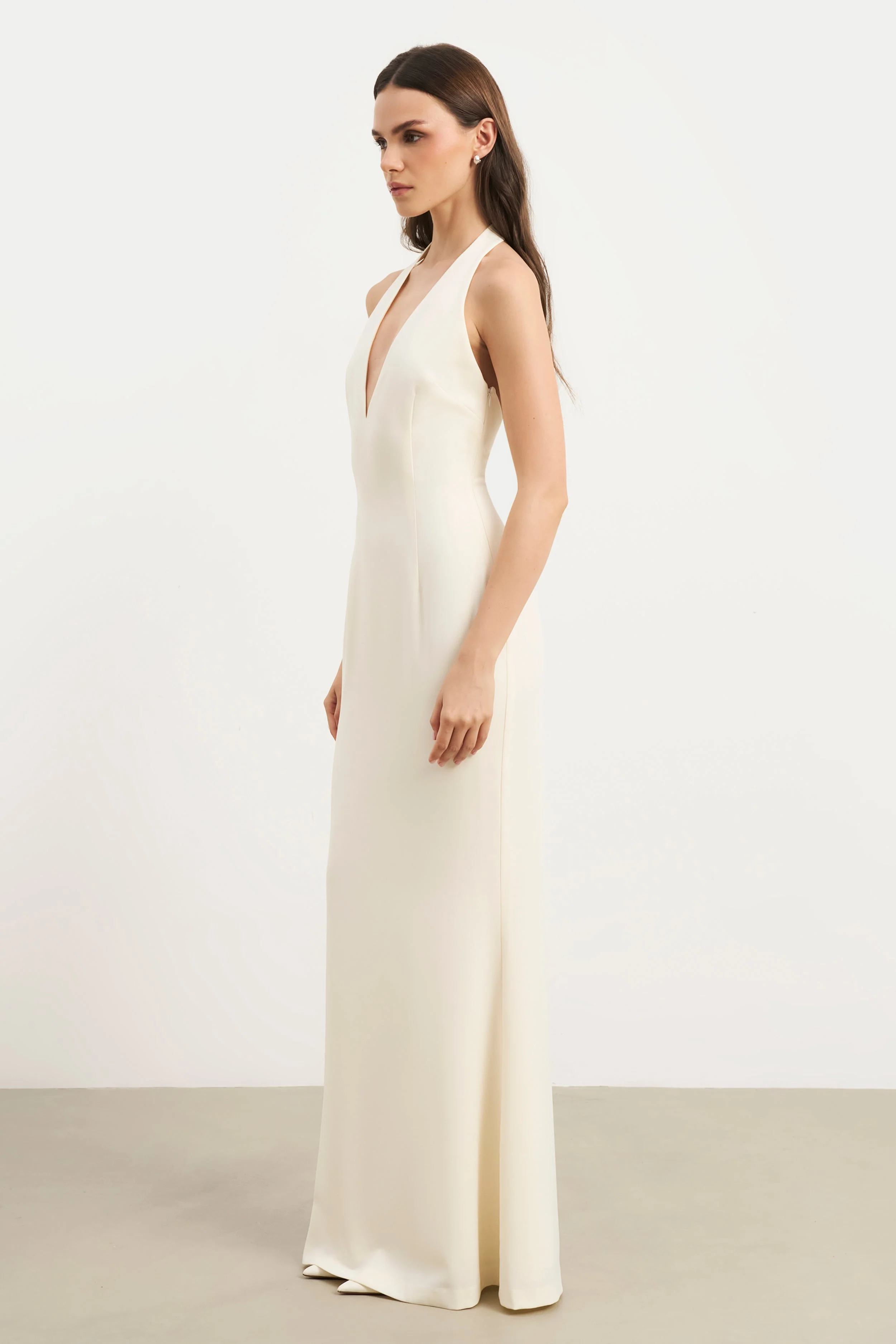 Plunging V Neck Halter Gown - Cream - Image 3