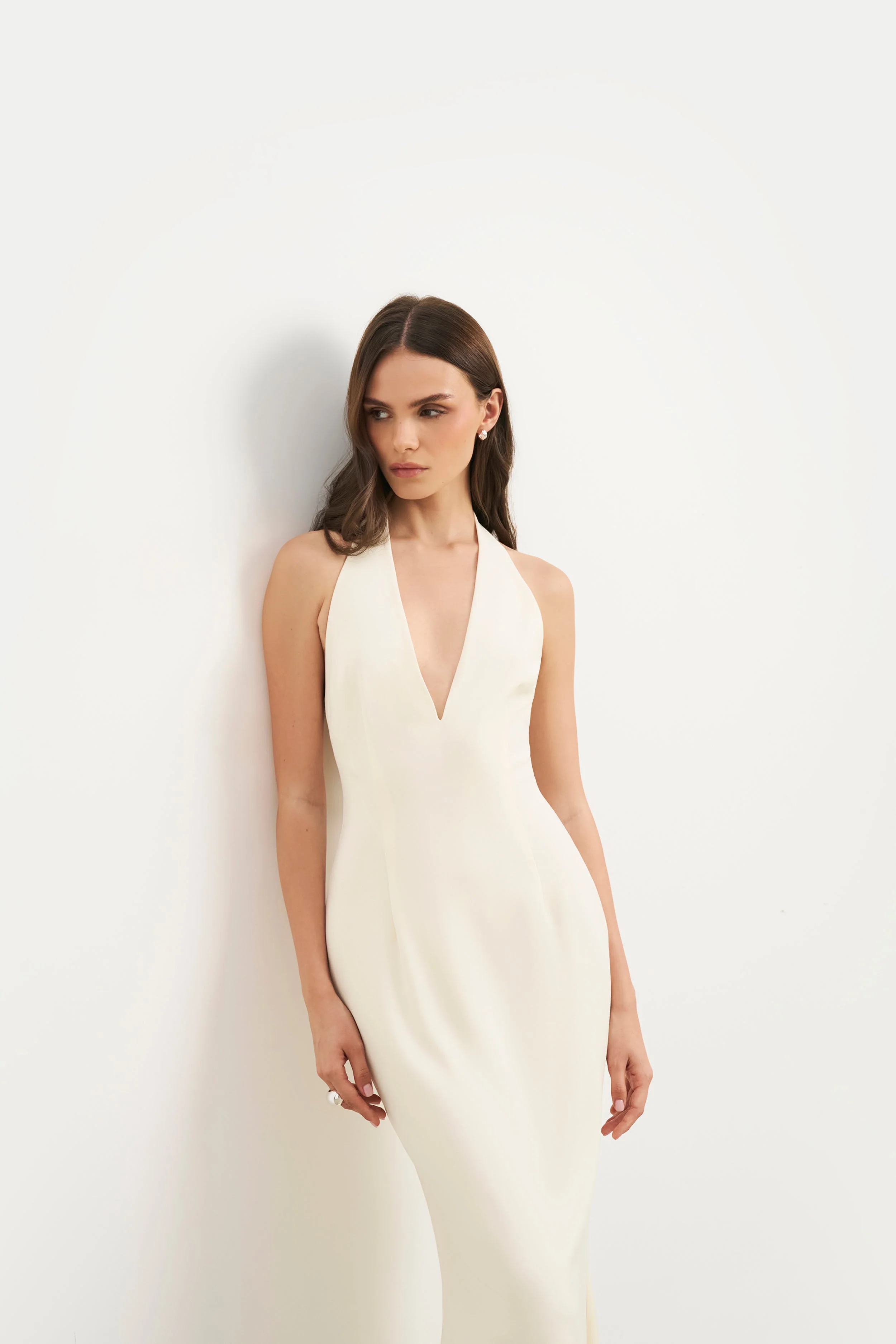 Plunging V Neck Halter Gown - Cream - Image 6