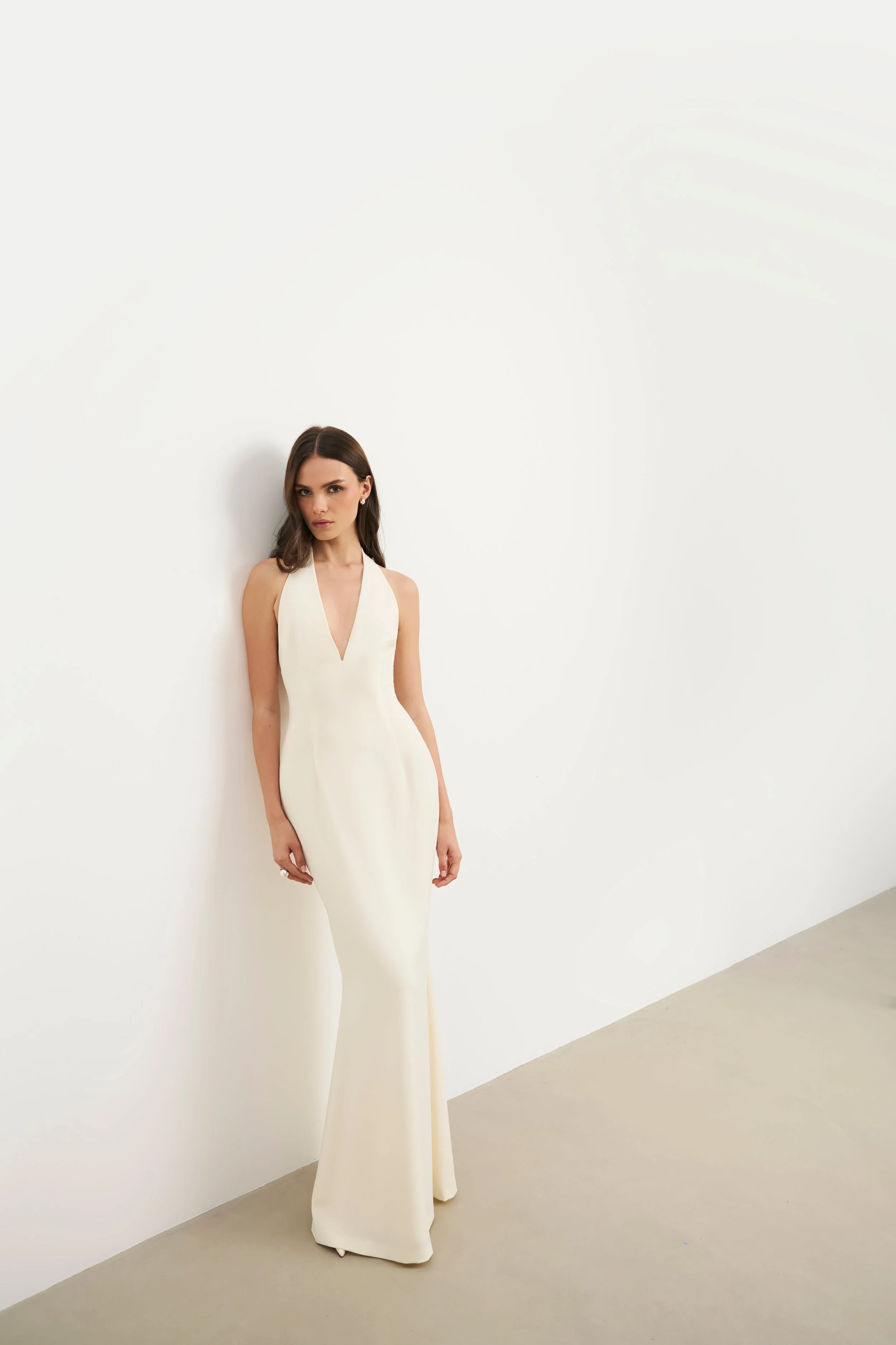 Plunging V Neck Halter Gown - Cream - Image 7