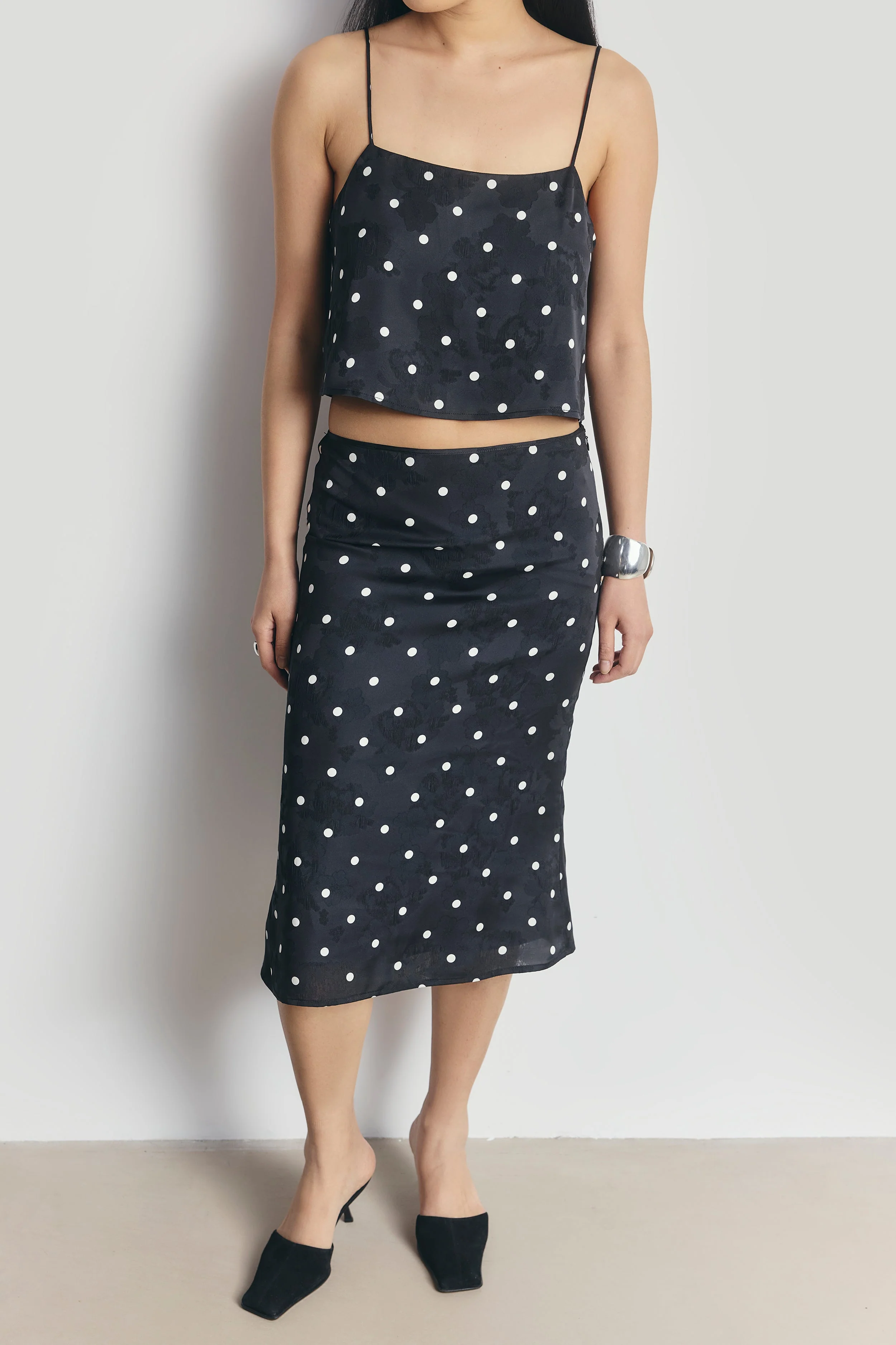 Satin Jacquard Polka Dot Camisole Top - Black Polka Dot - Image 3