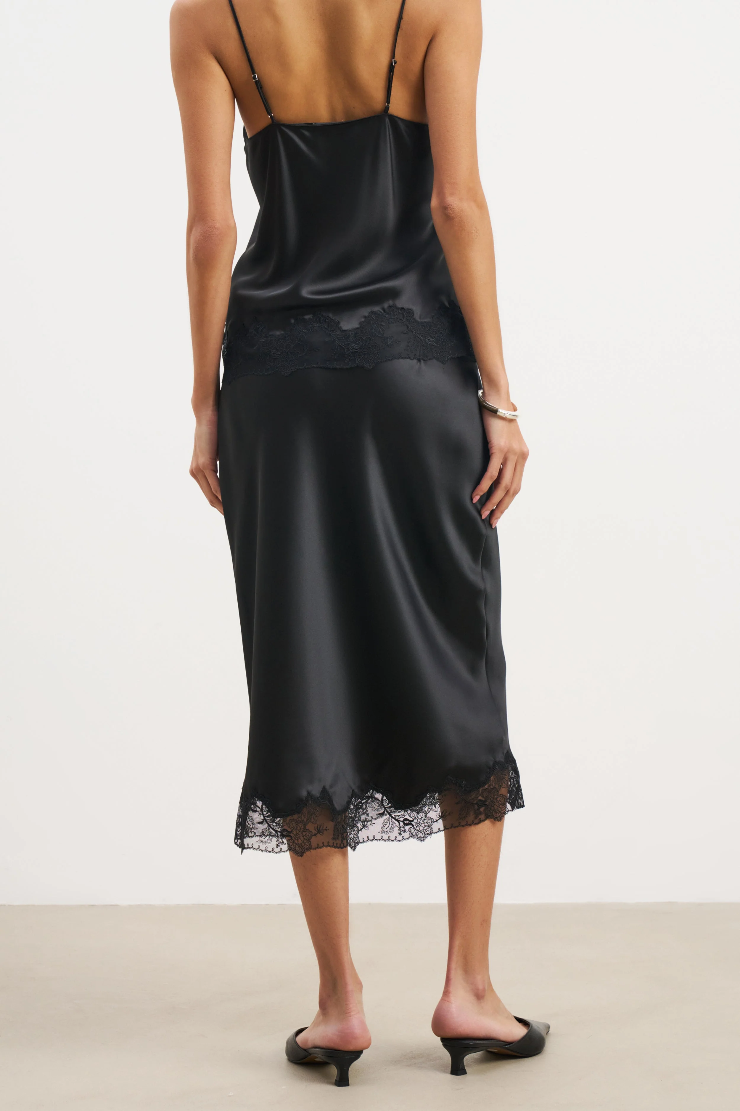 Satin Lace Detail Midi Skirt - Black - Image 3