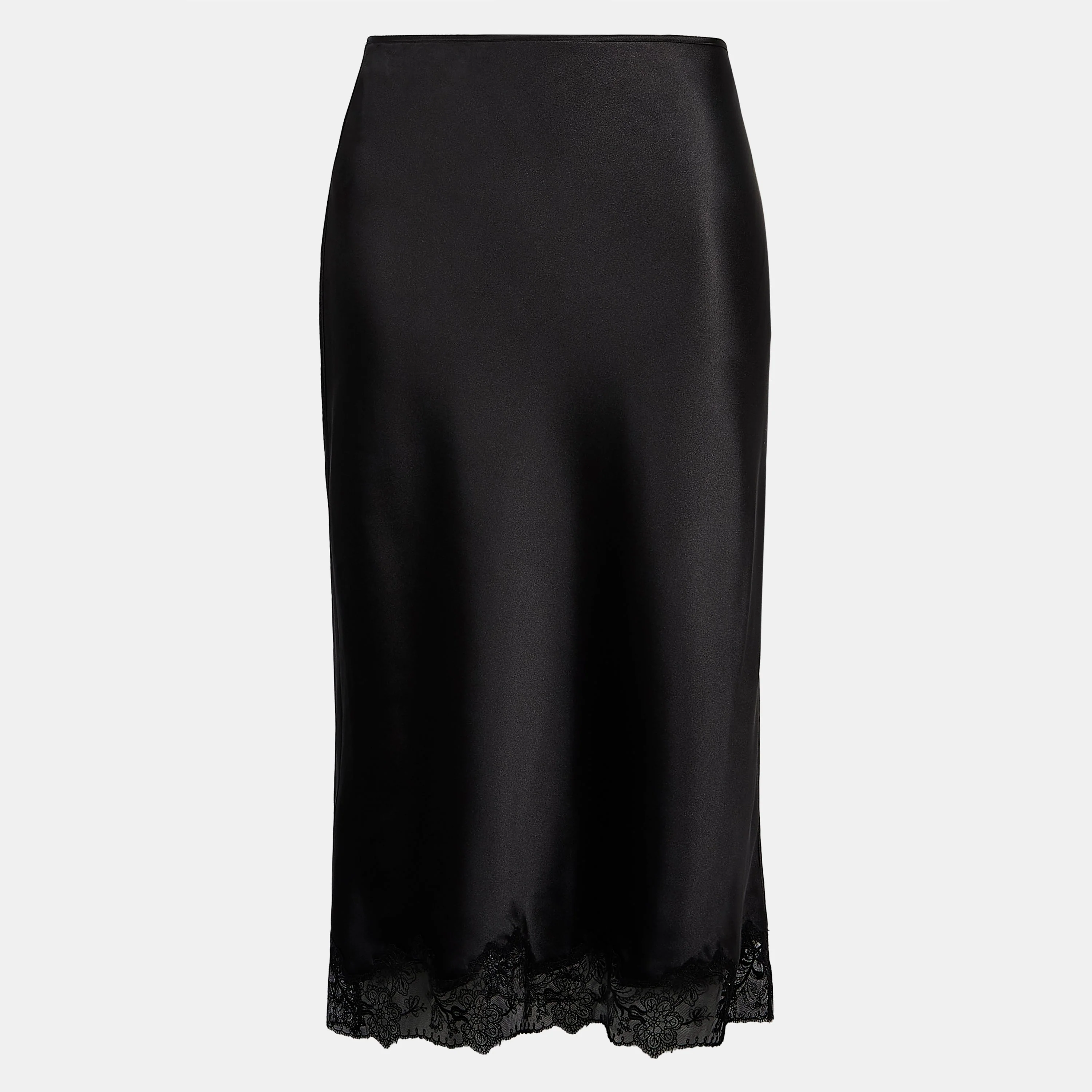 Satin Lace Detail Midi Skirt - Black - Image 6