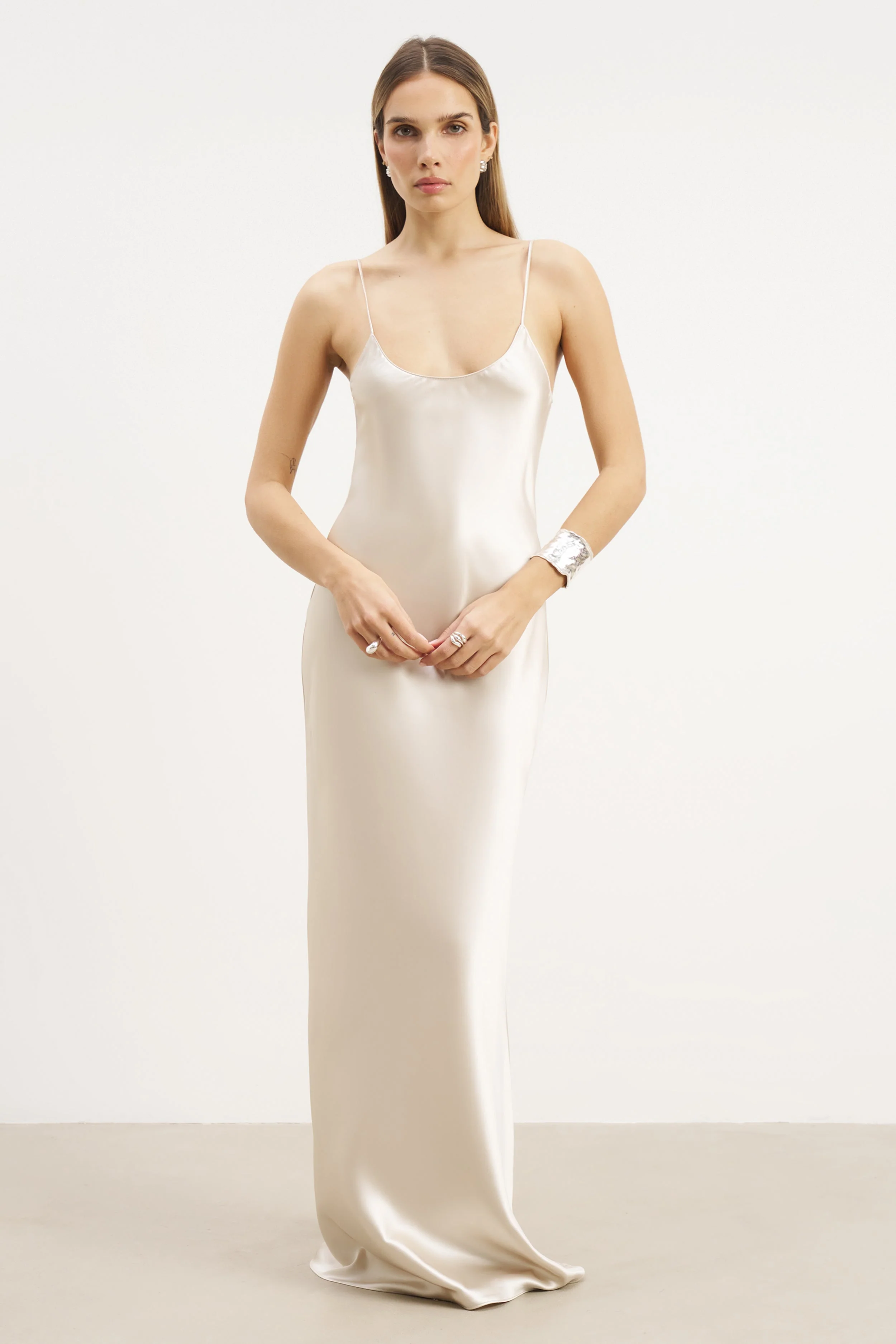Satin Scoop Neck Camisole Maxi Dress - Champagne - Image 5
