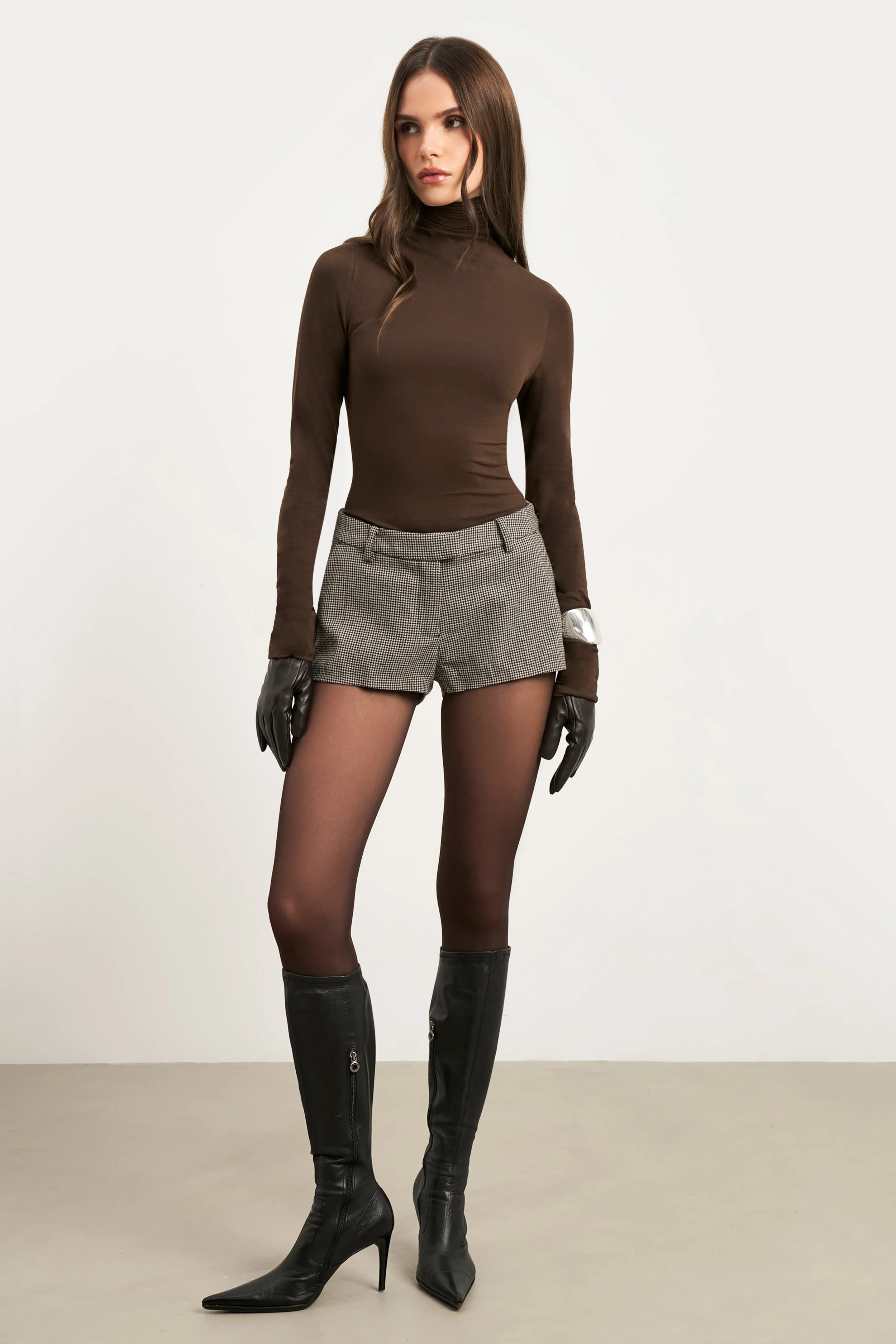 Semi Sheer High Neck Longsleeve Top -  Carob - Image 4