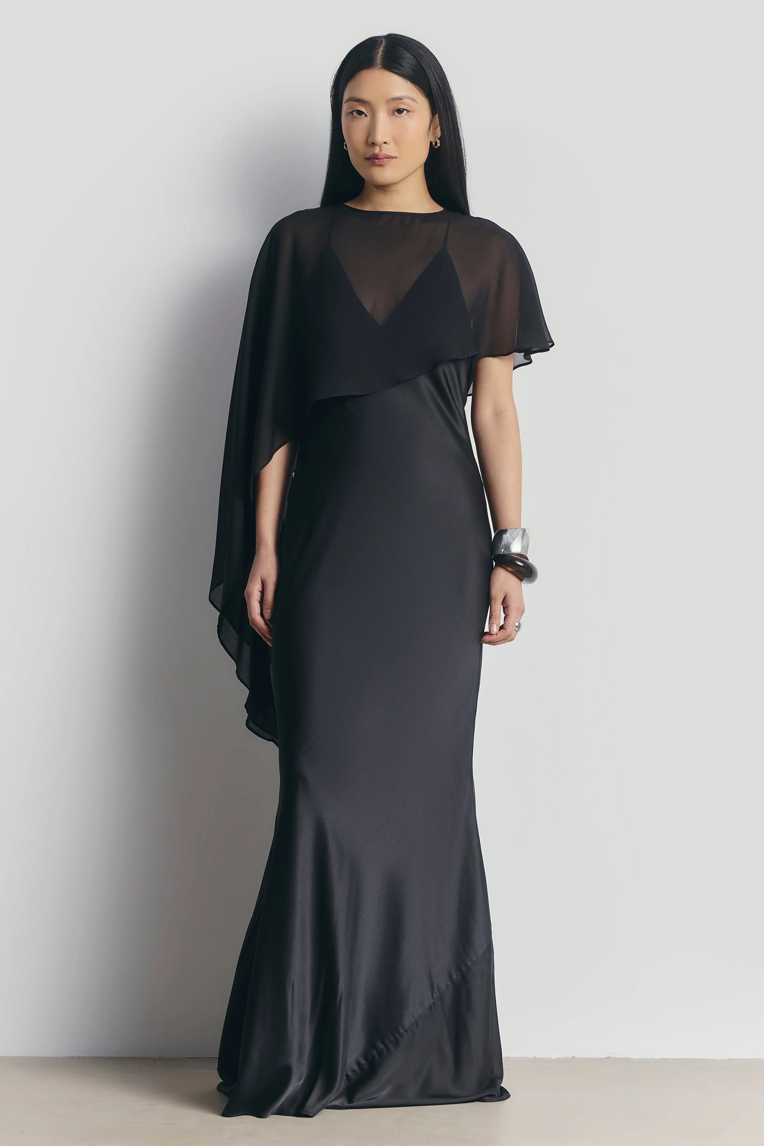 Sheer Chiffon Asymmetric Cape - Black - Image 3