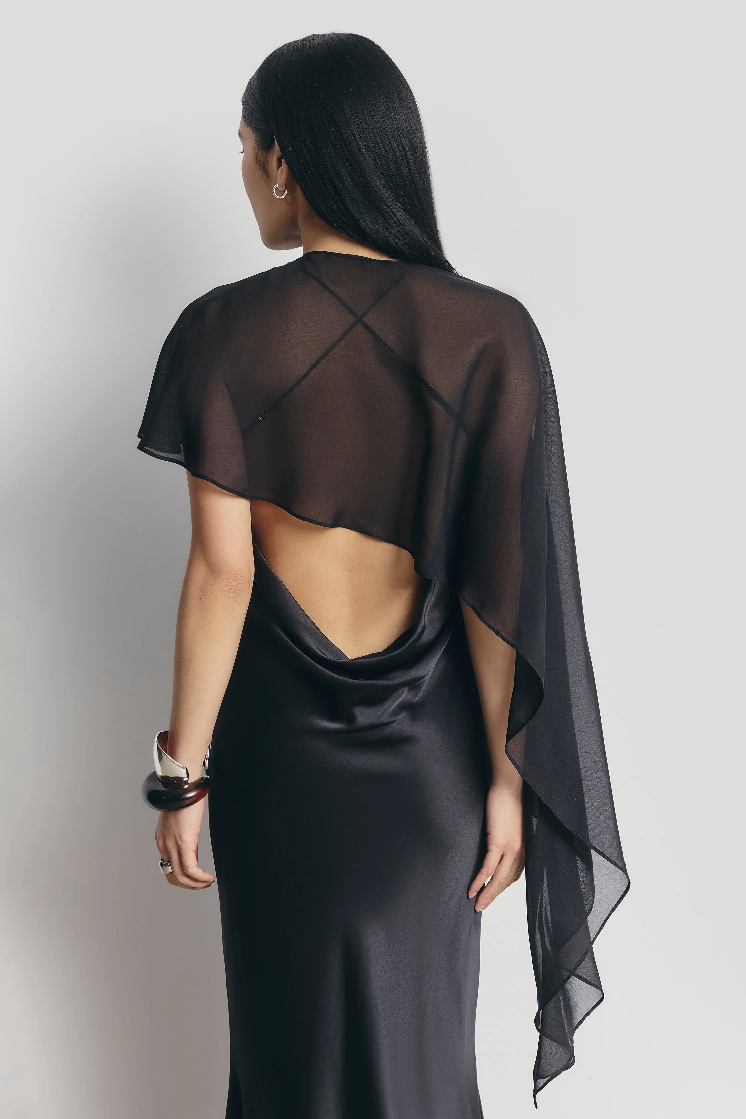 Sheer Chiffon Asymmetric Cape - Black - Image 4