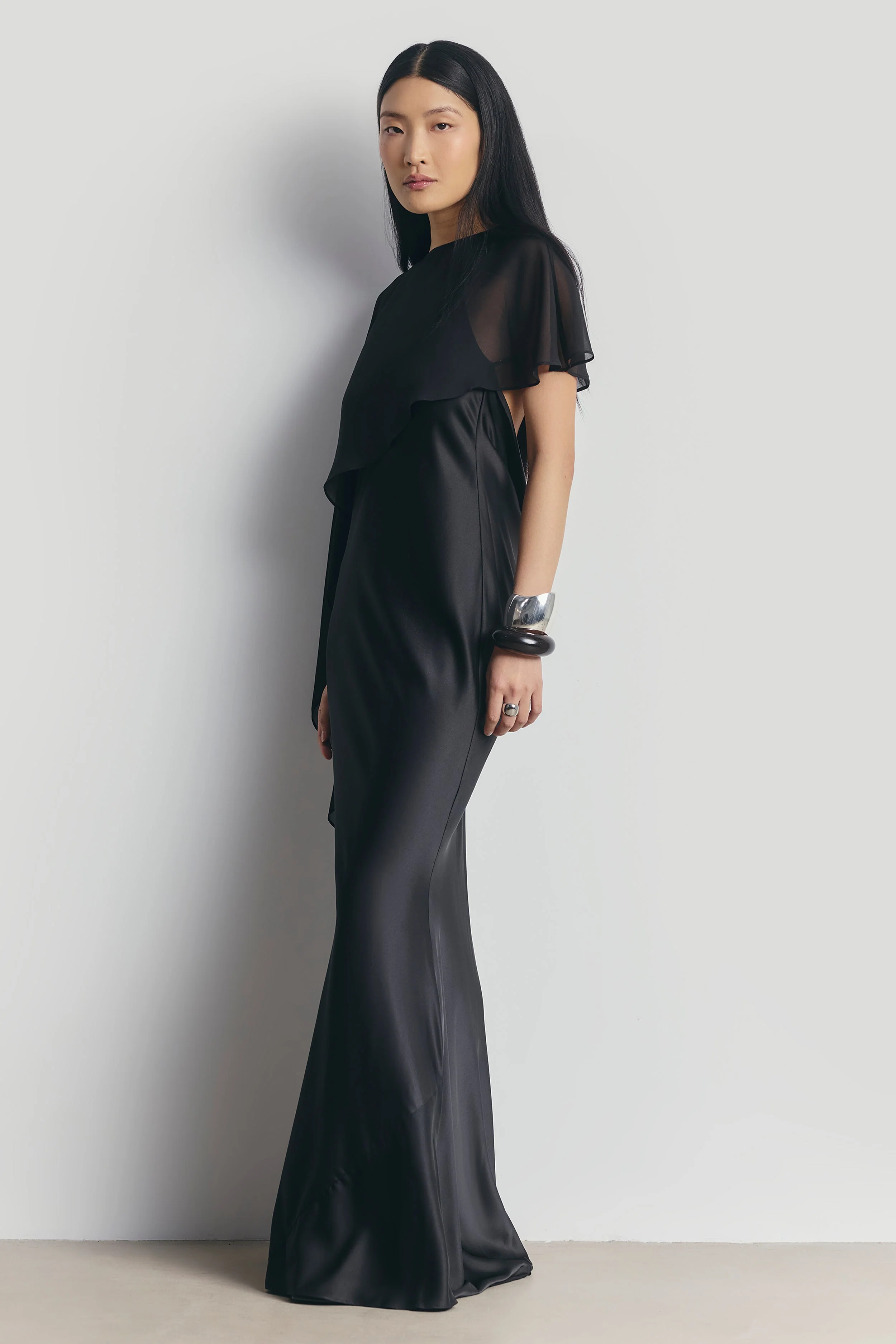 Sheer Chiffon Asymmetric Cape - Black - Image 5