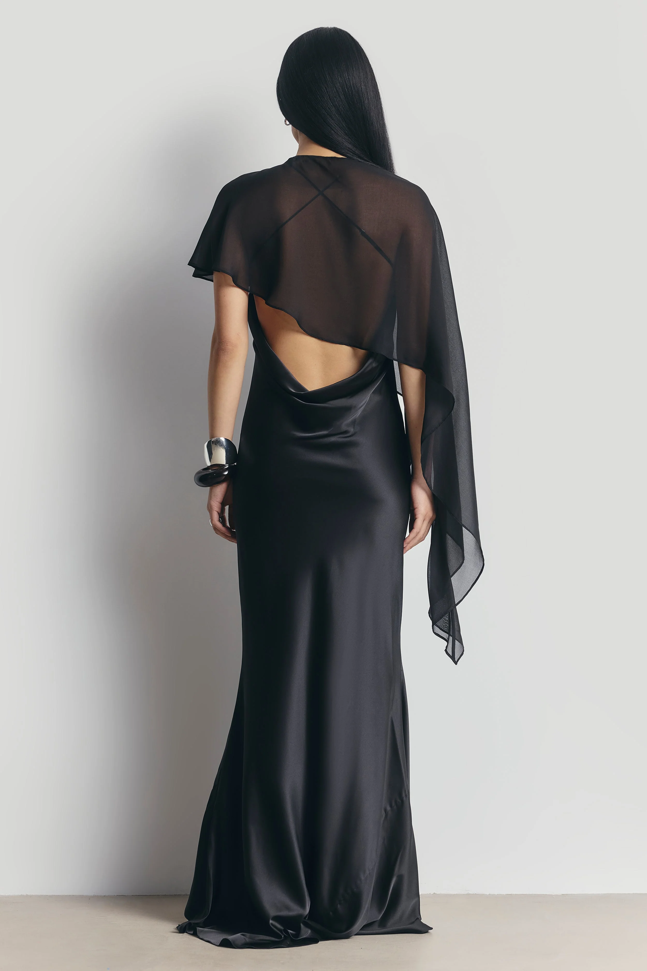Sheer Chiffon Asymmetric Cape - Black - Image 6