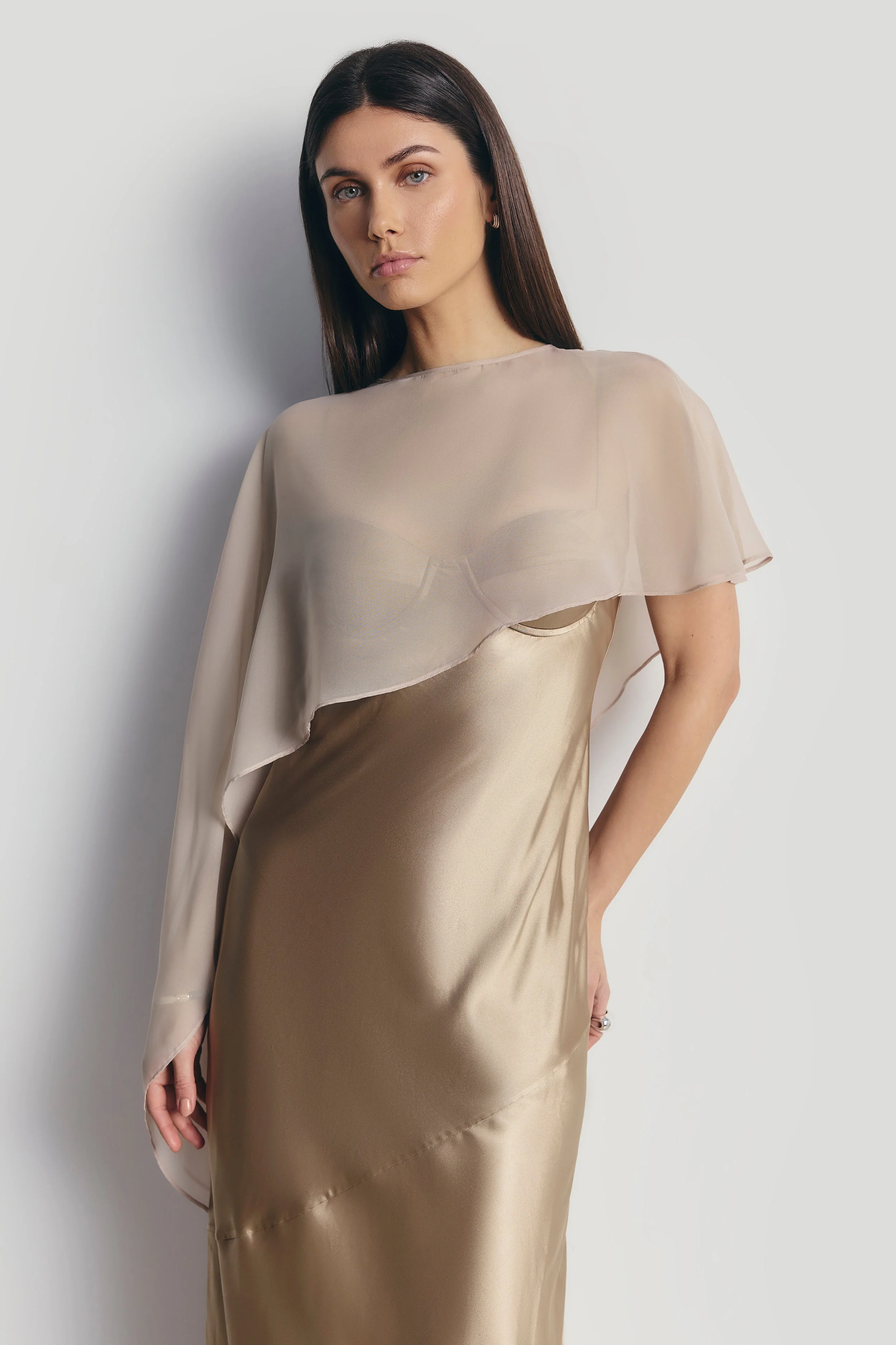 Sheer Chiffon Asymmetric Cape - Champagne - Image 3